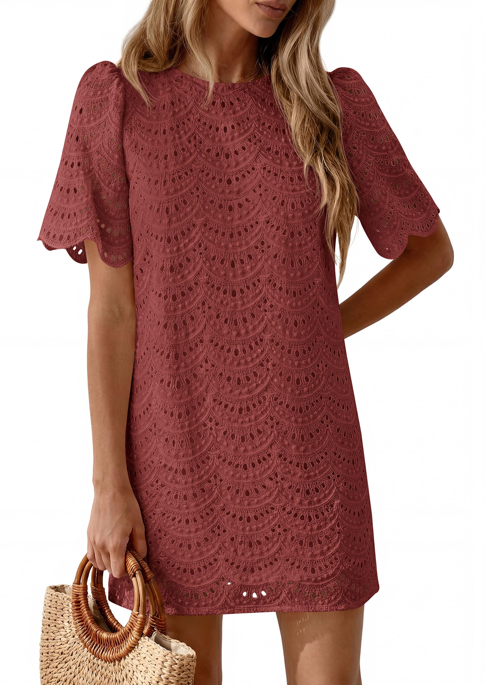 Women's Summer Eyelet Lace Short Dress (Brown Red,S)