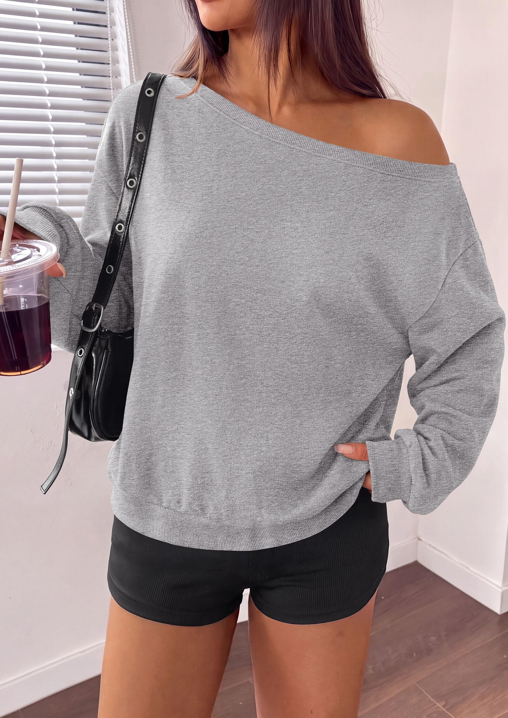 Womens Off The Shoulder Sweatshirt Fall Long Sleeve Tops Grey