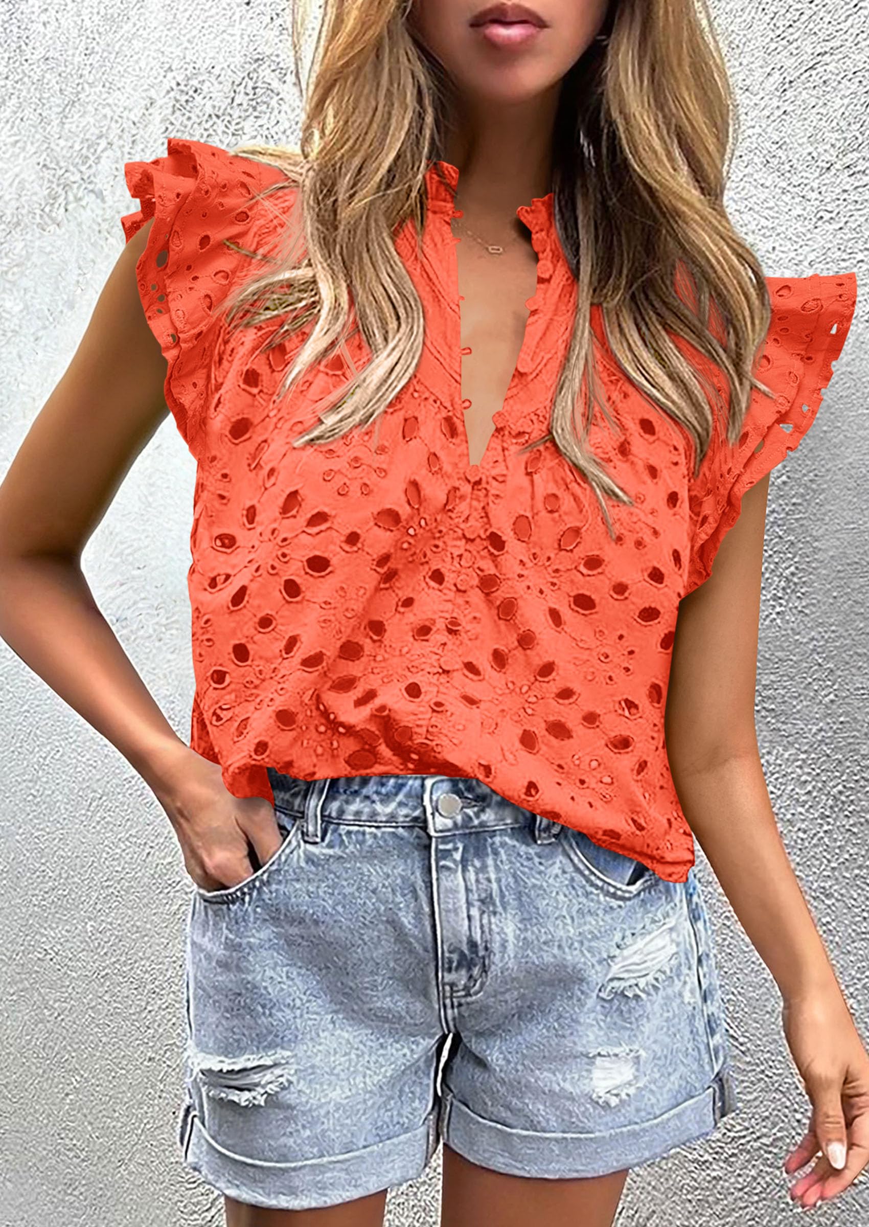 Women's Eyelet V Neck Summer Tops Dressy Casual Orange,S