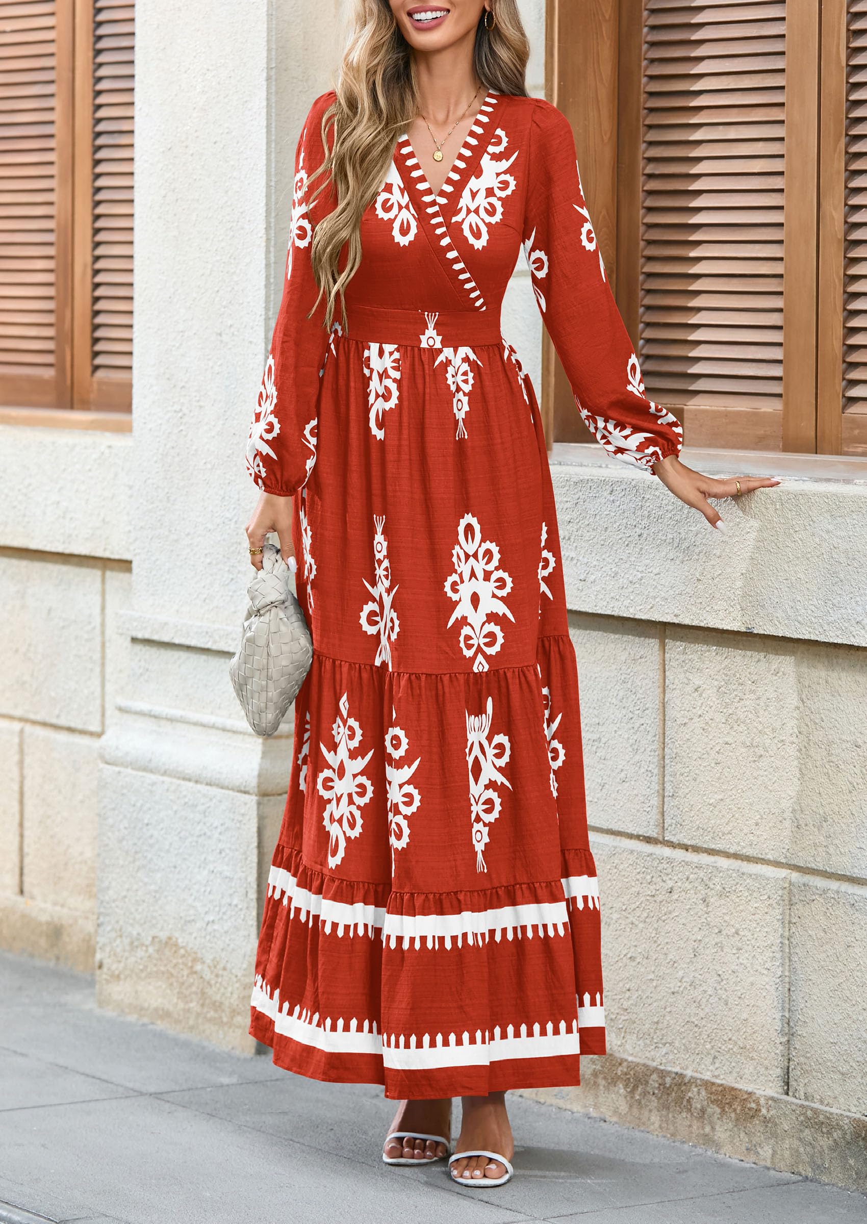 Women's Long Sleeve Floral Boho Maxi Wedding Guest Dress