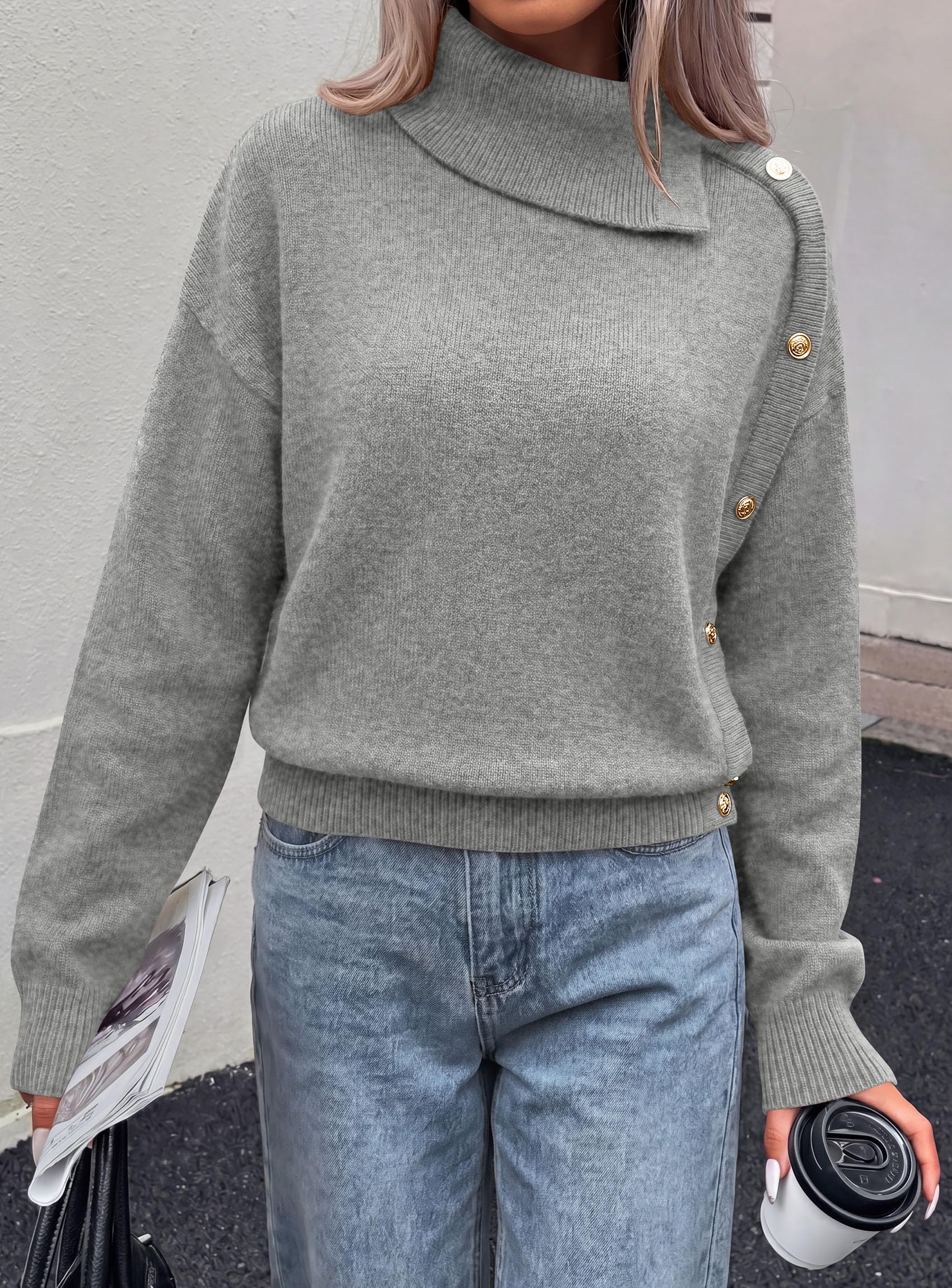 Womens Turtleneck Sweater Pullover Side Button Fall Clothes