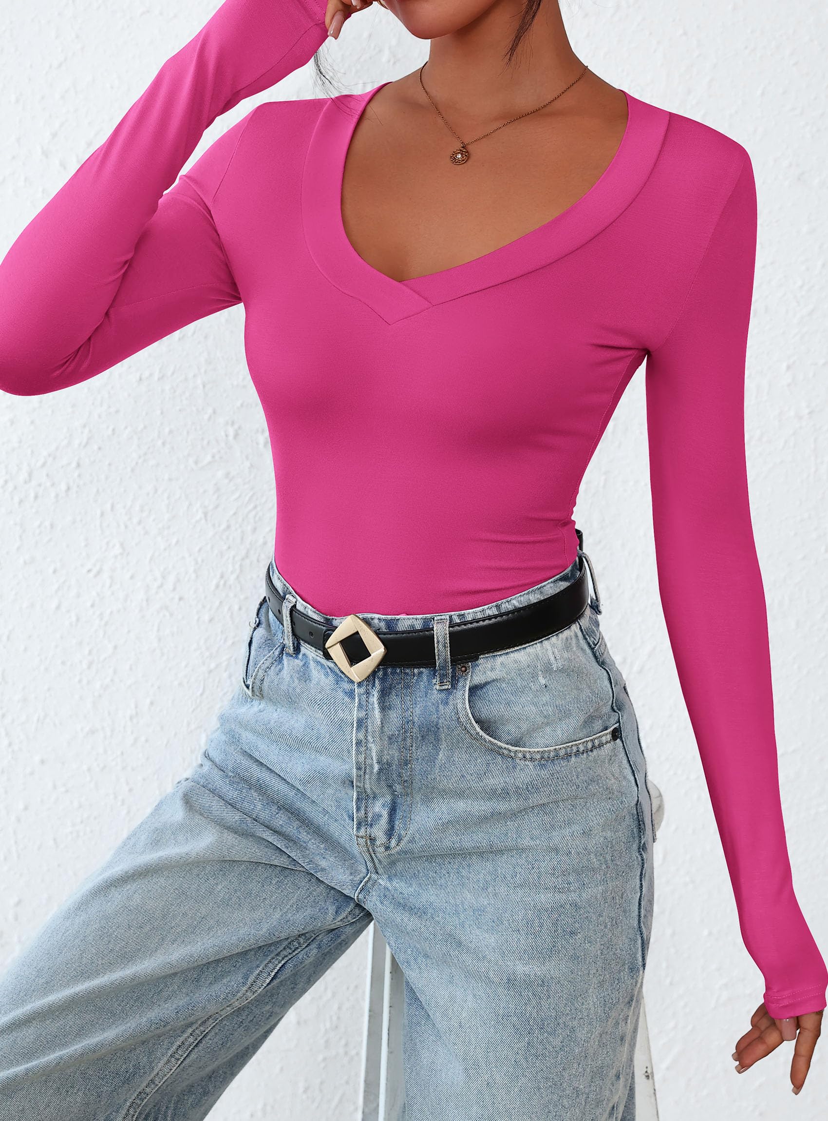 Women's V Neck Long Sleeve Shirts,Rose,X-S