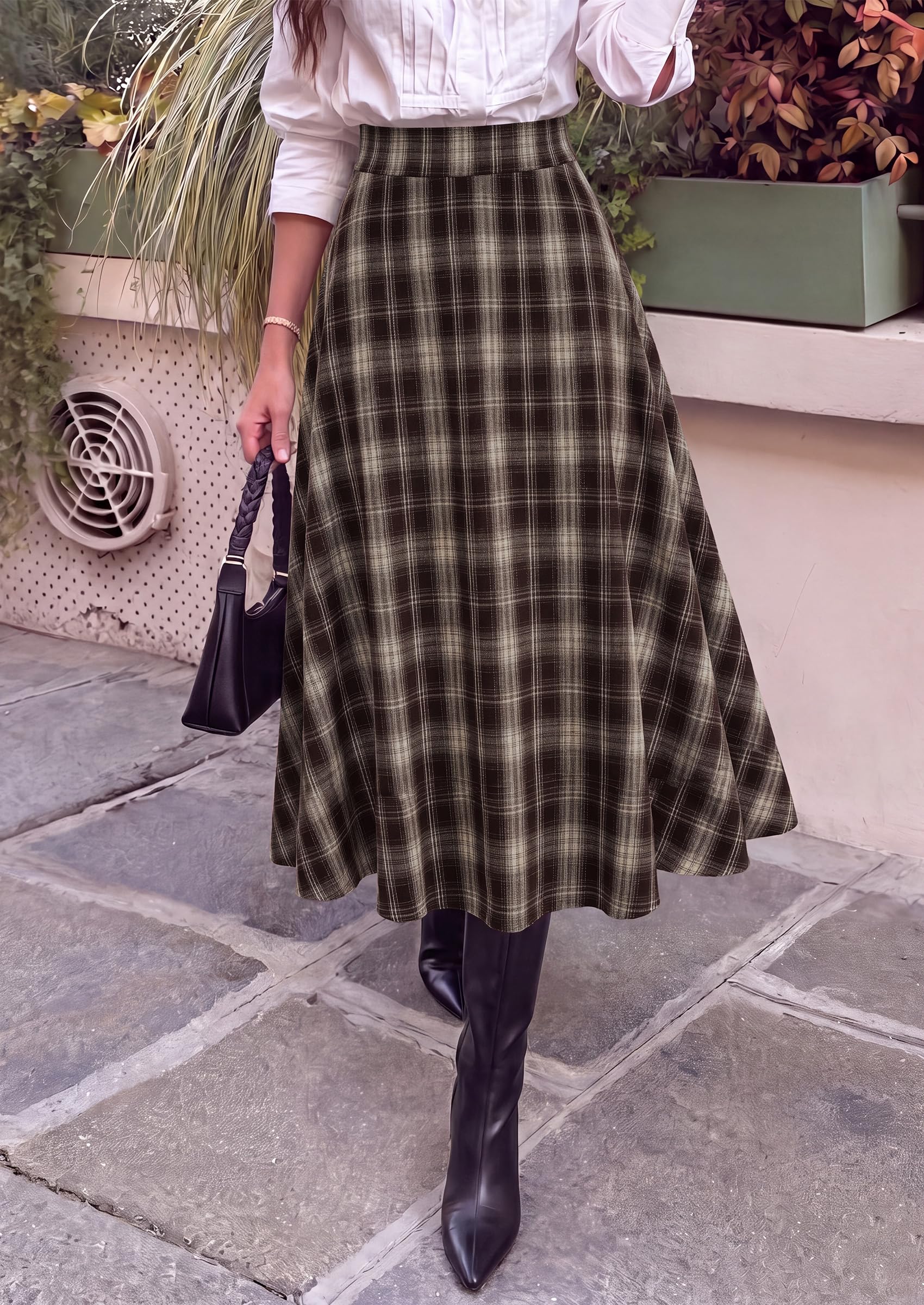 Women's Plaid High Waisted A-Line Midi Skirts,Dark Coffee,M