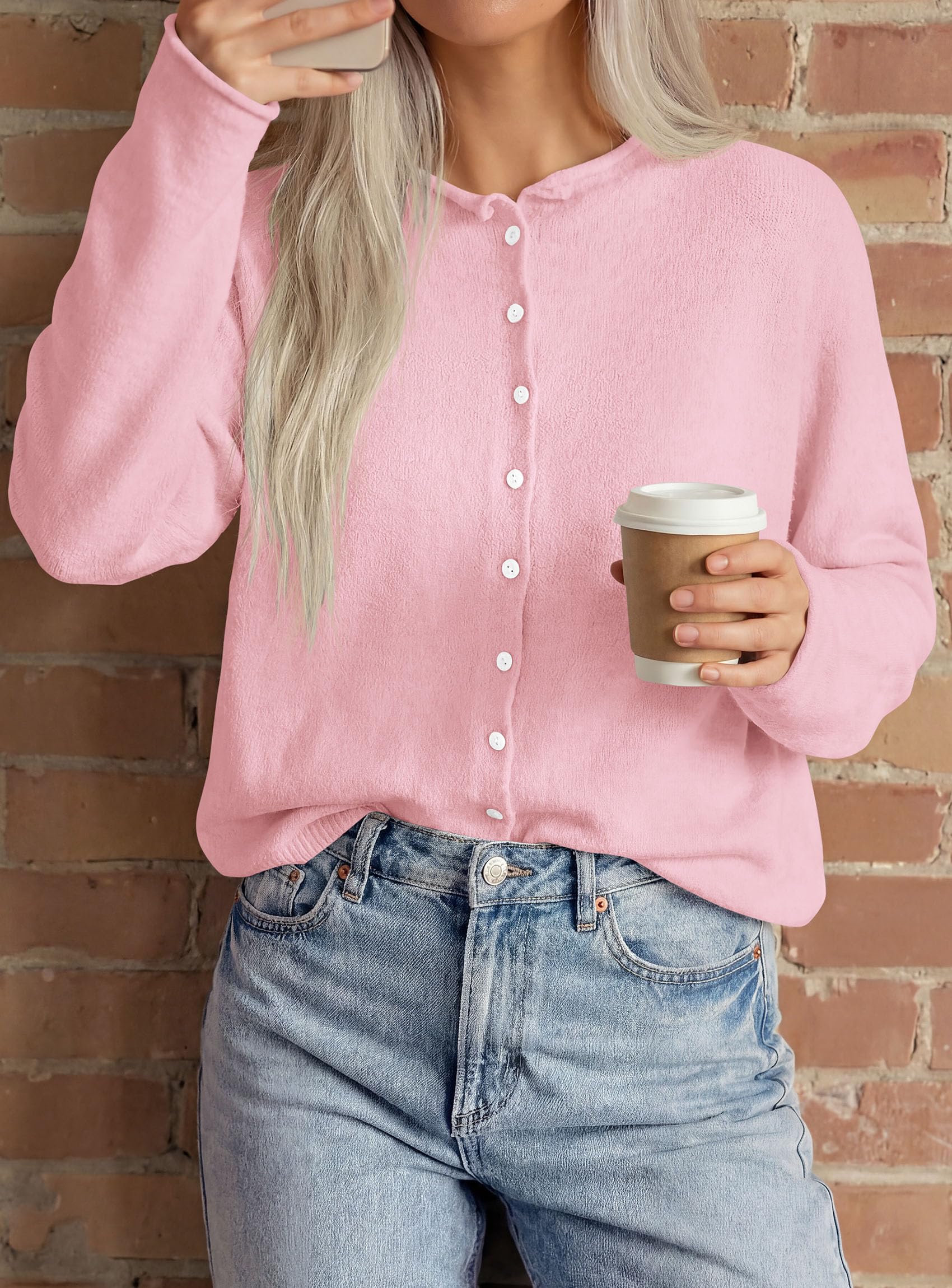 Button Up Cardigan for Women Knit Oversized Fall Sweaters Pink