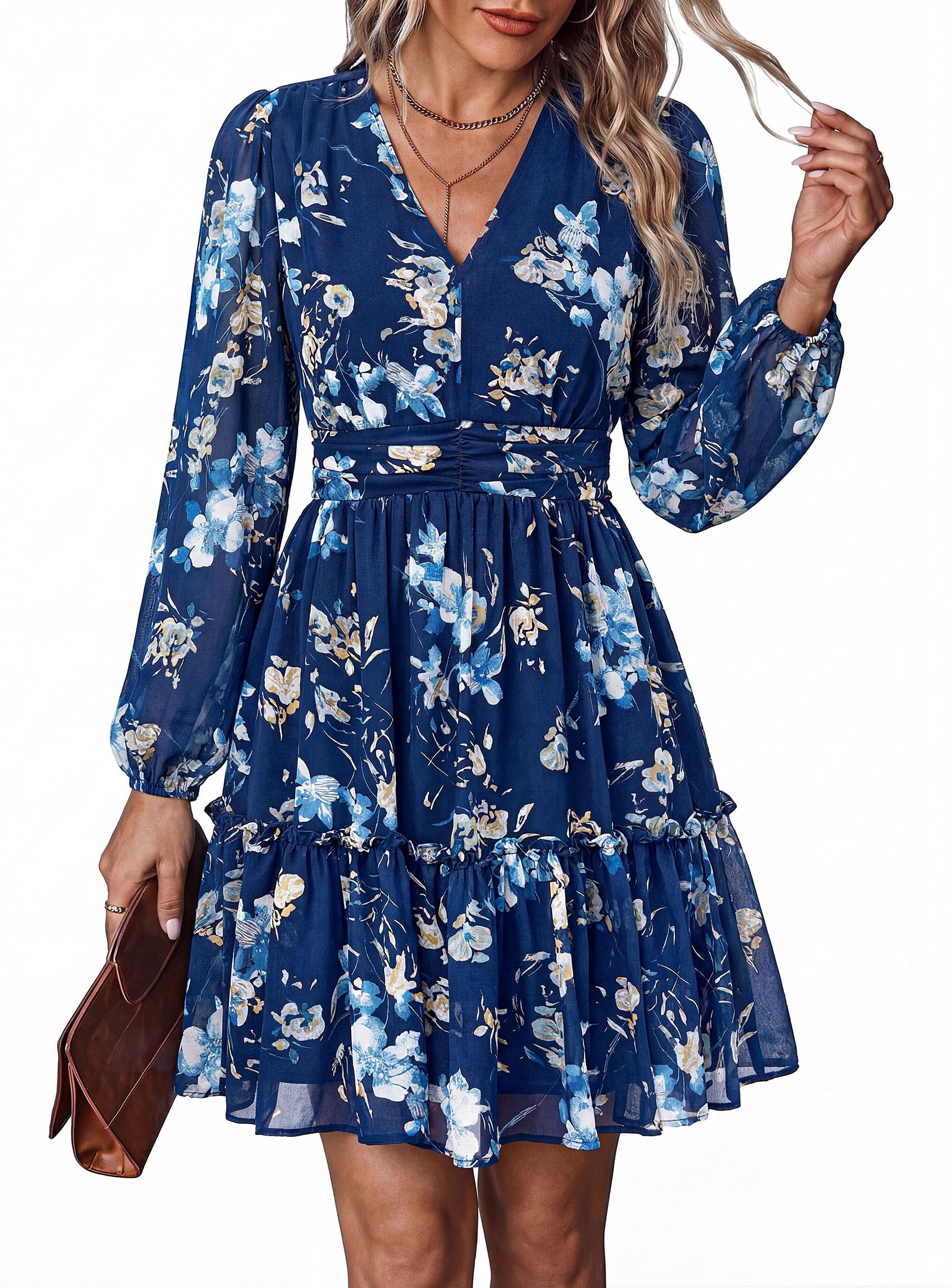 Women Floral Long Sleeve Mini Dress Fall Wedding Guest Dresses