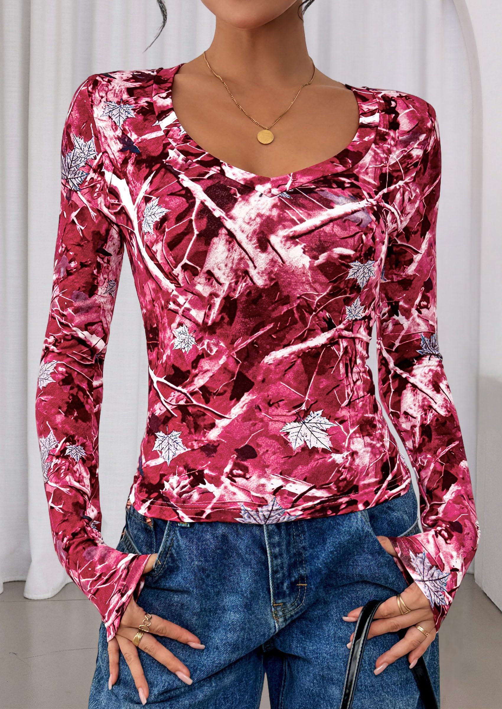 Womens Long Sleeve Slim Fit Crop Tops,Red Floral,XS