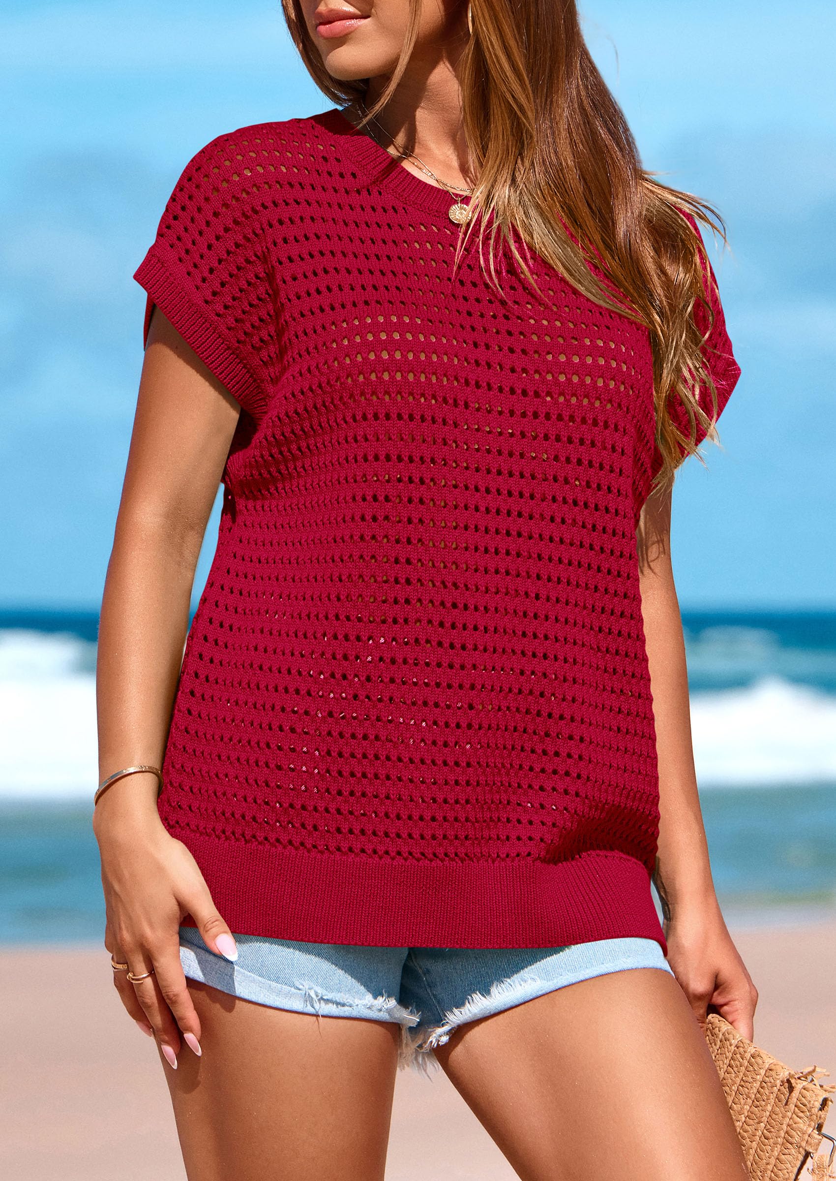 Women's Summer Crochet Cap Sleeve Sweater Tops,Red,S