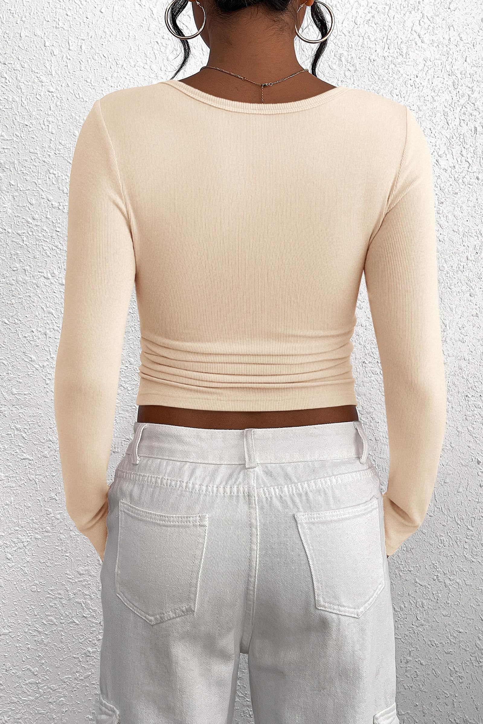 Women's Fall Long Sleeve Henley T Shirts Beige