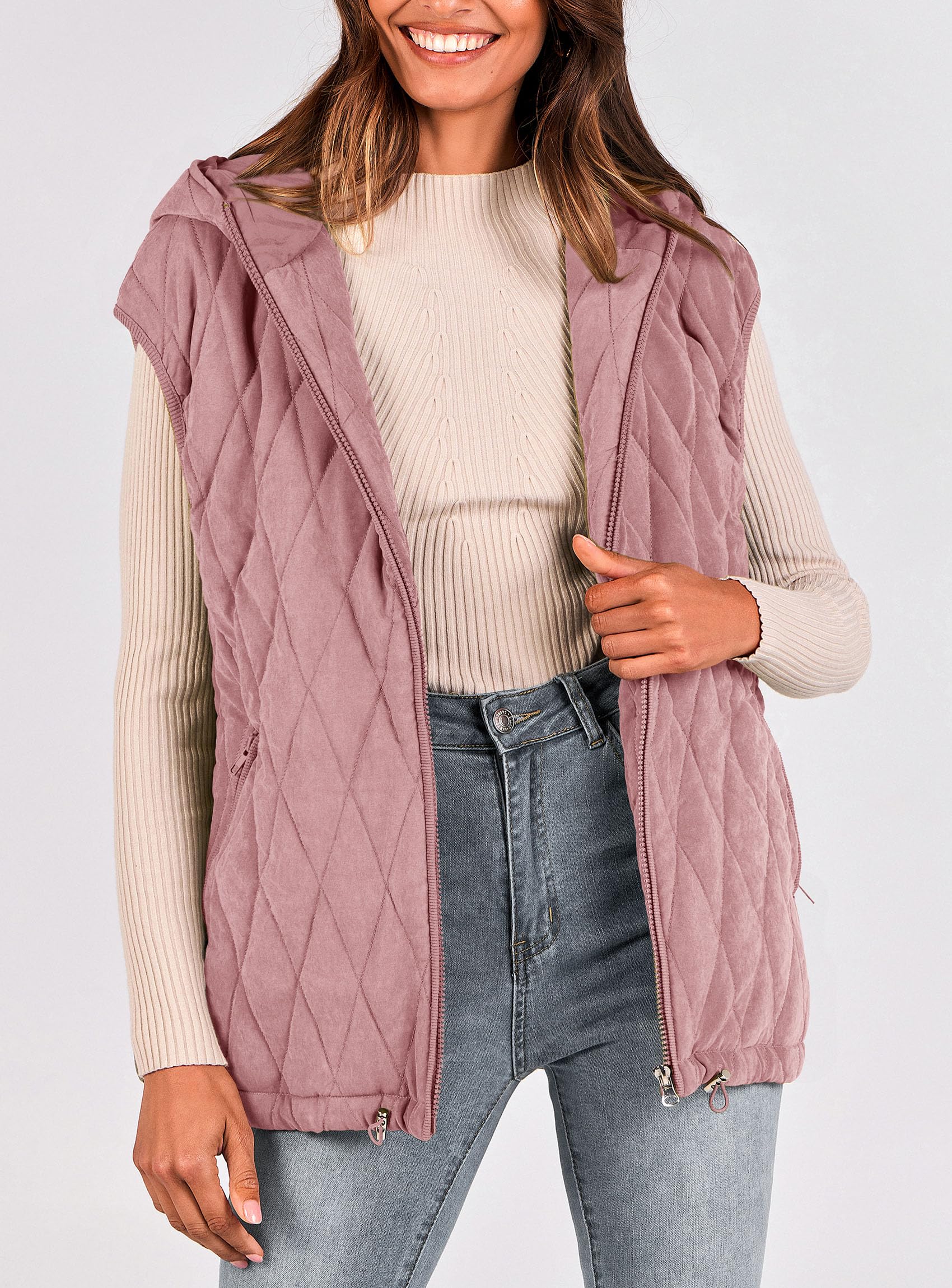 Women's Fall Fashion Vest Zip Up Jacket(Pink,Small)