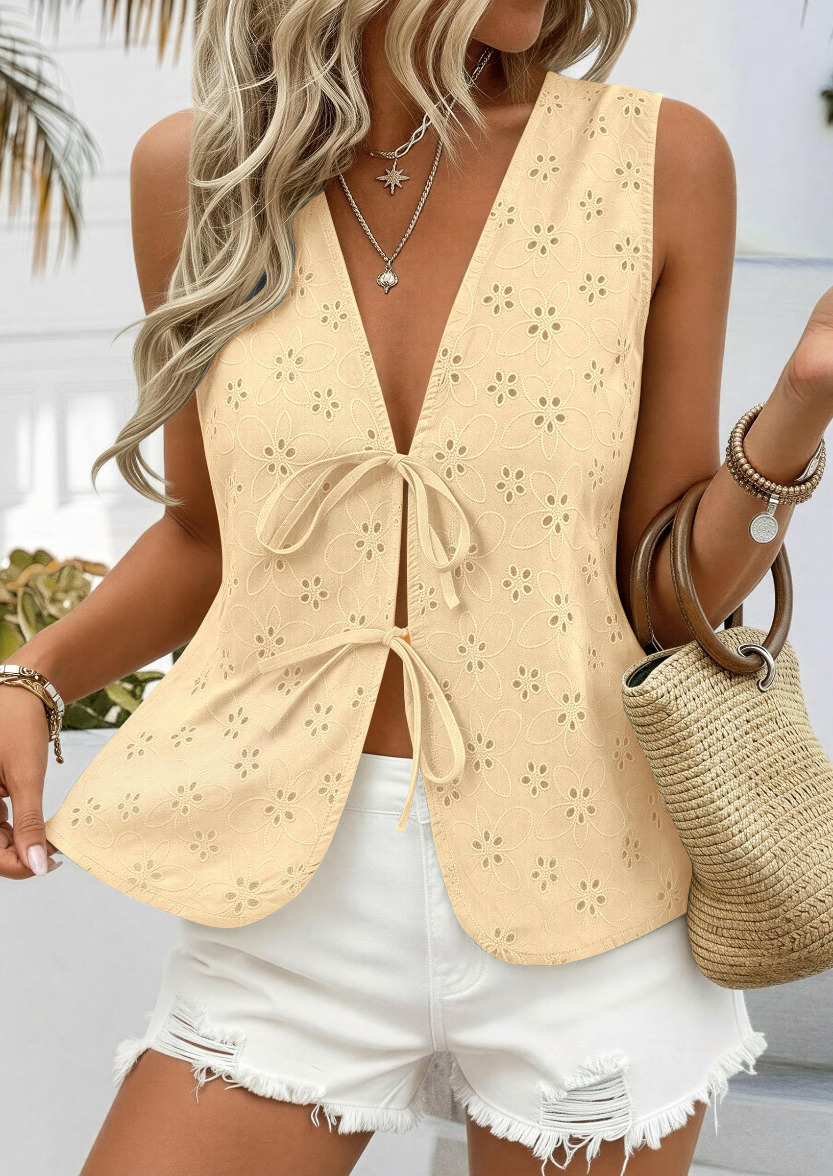 Women's Summer Eyelet Lace Tie Front Vest Tops Beige Yellow,S