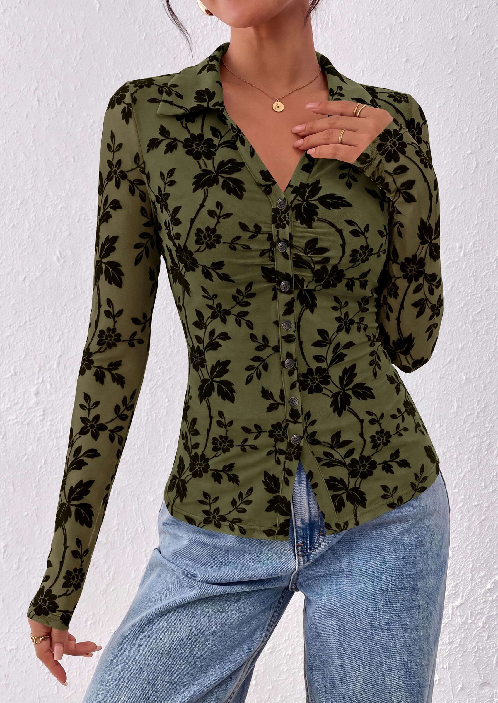 Women's Long Sleeve Floral Mesh Boho Tops Button Down Shirts