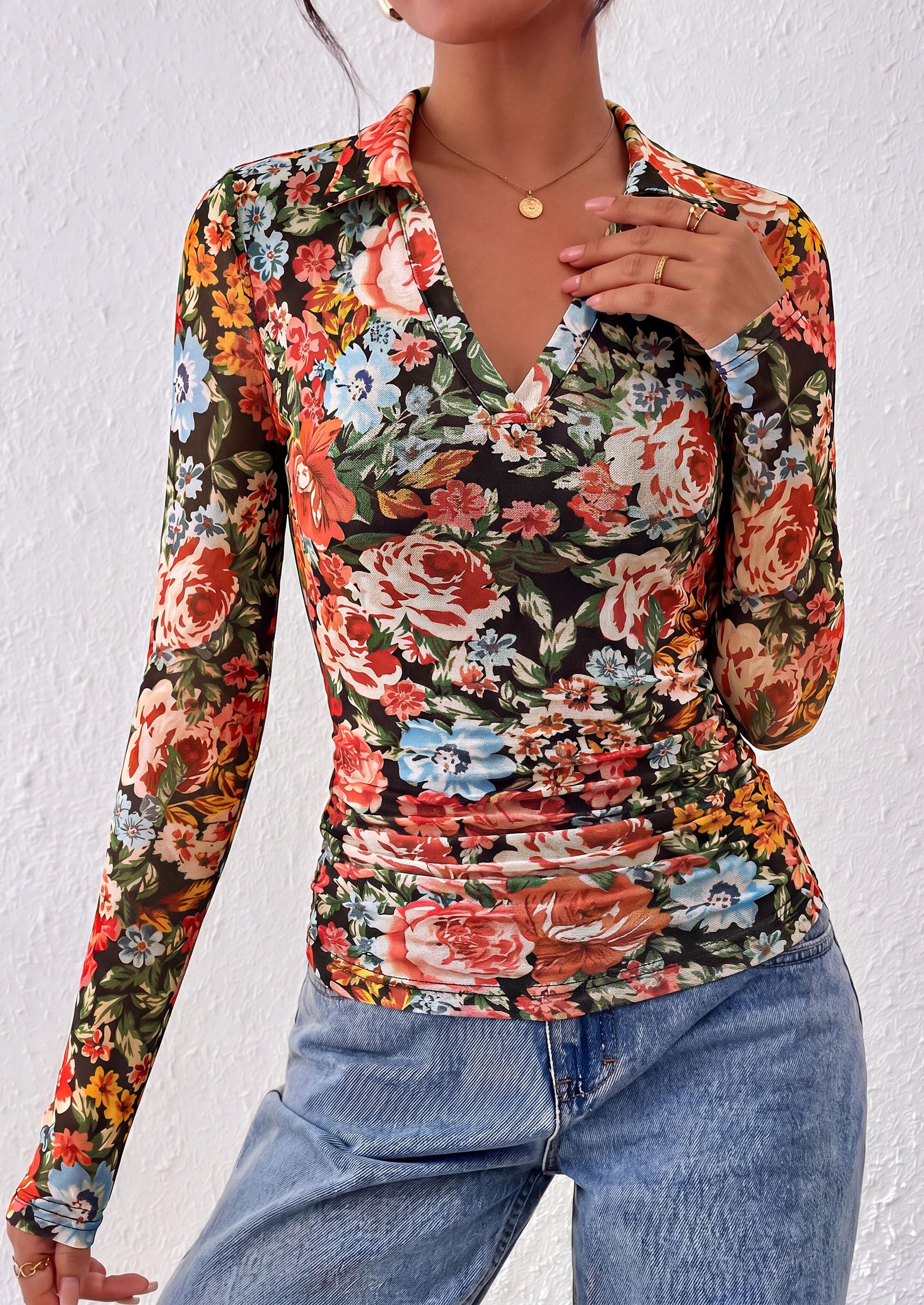 Women's Long Sleeve Boho Floral Mesh Tops Fall V Neck Blouses