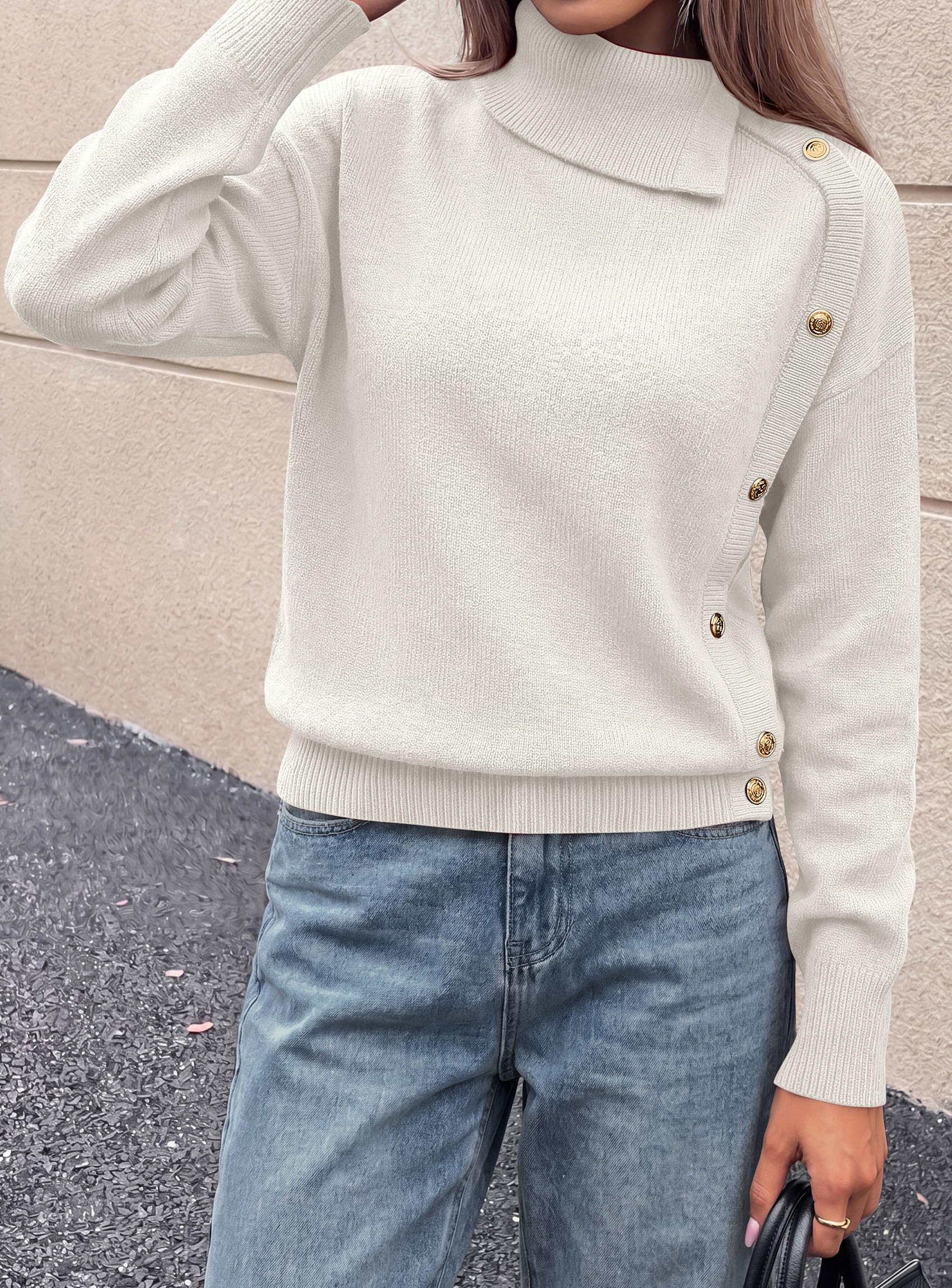 Womens Turtleneck Sweater Pullover Side Button Fall Clothes