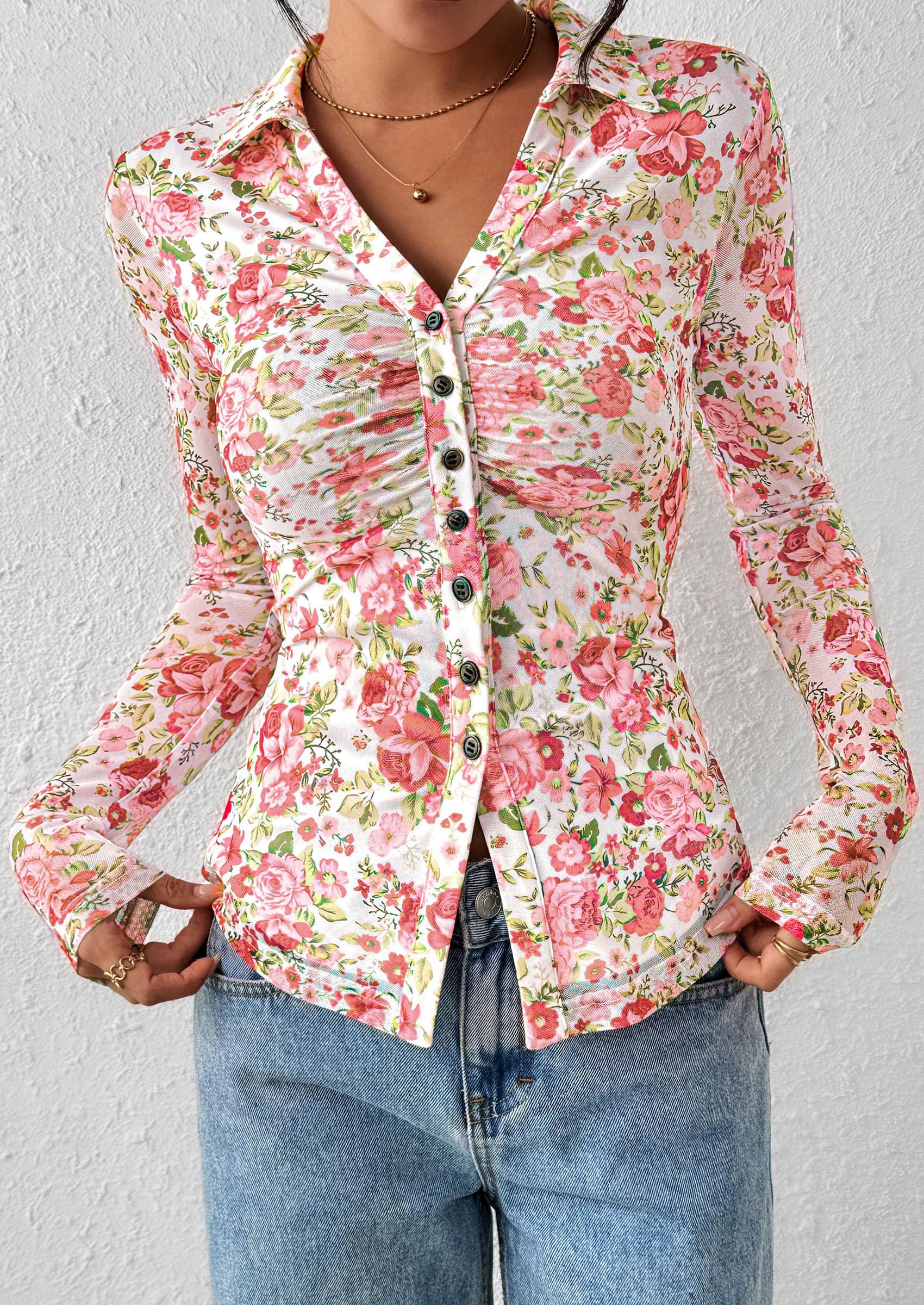 Women's Button Down Shirts Boho Mesh Floral Going Out Tops