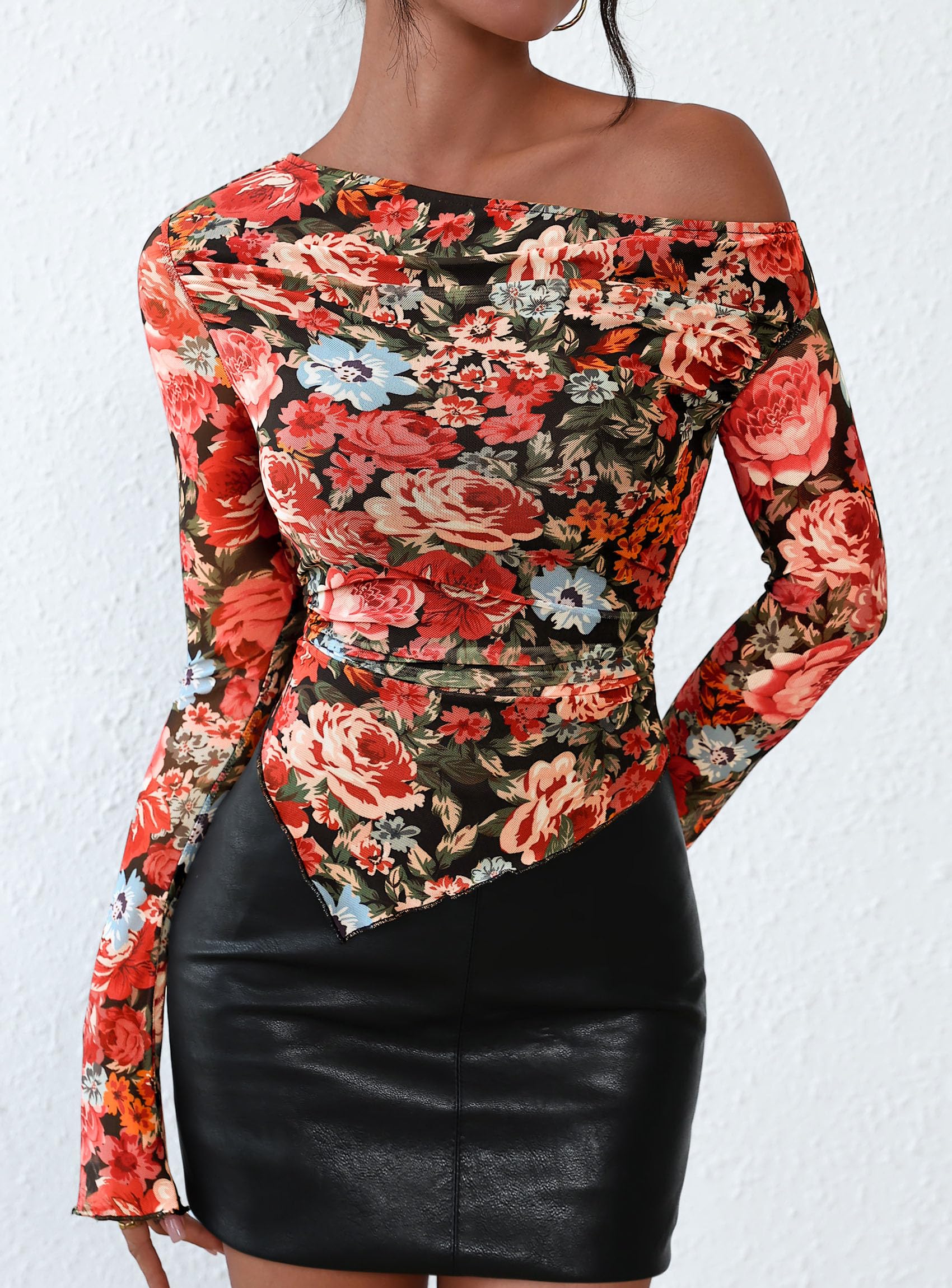 Womens Off Shoulder Mesh Y2k Tops,Floral Black,XS