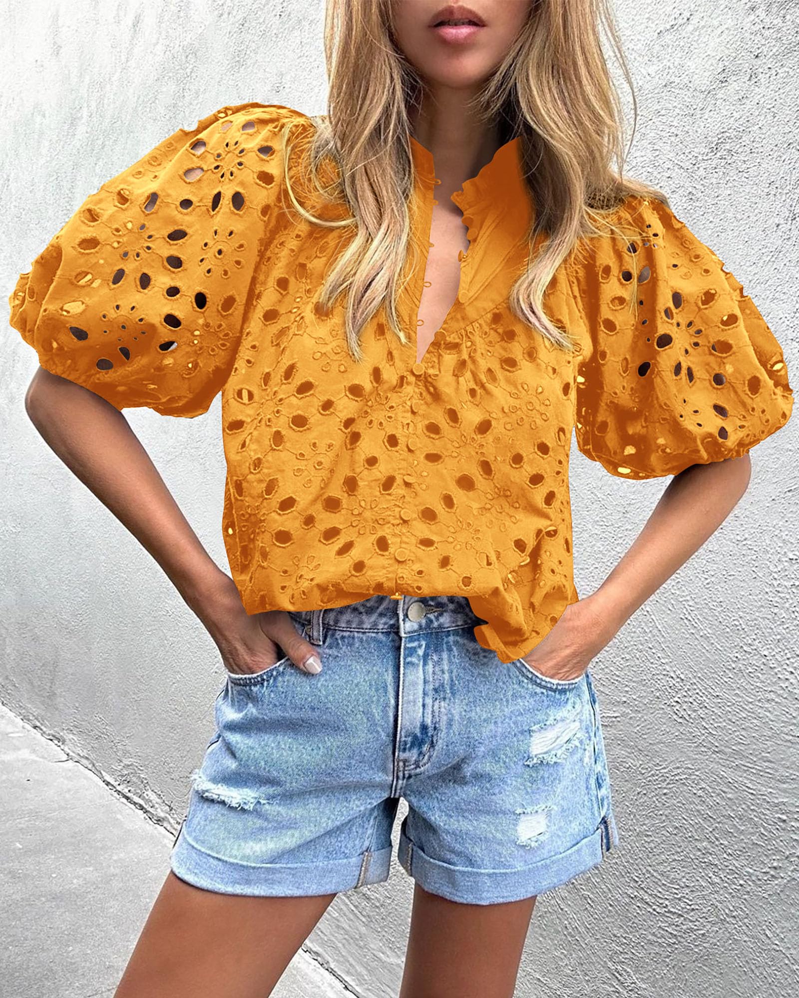 Womens Tops Boho Eyelet Puff Sleeve Blouse, Orange Yellow,L