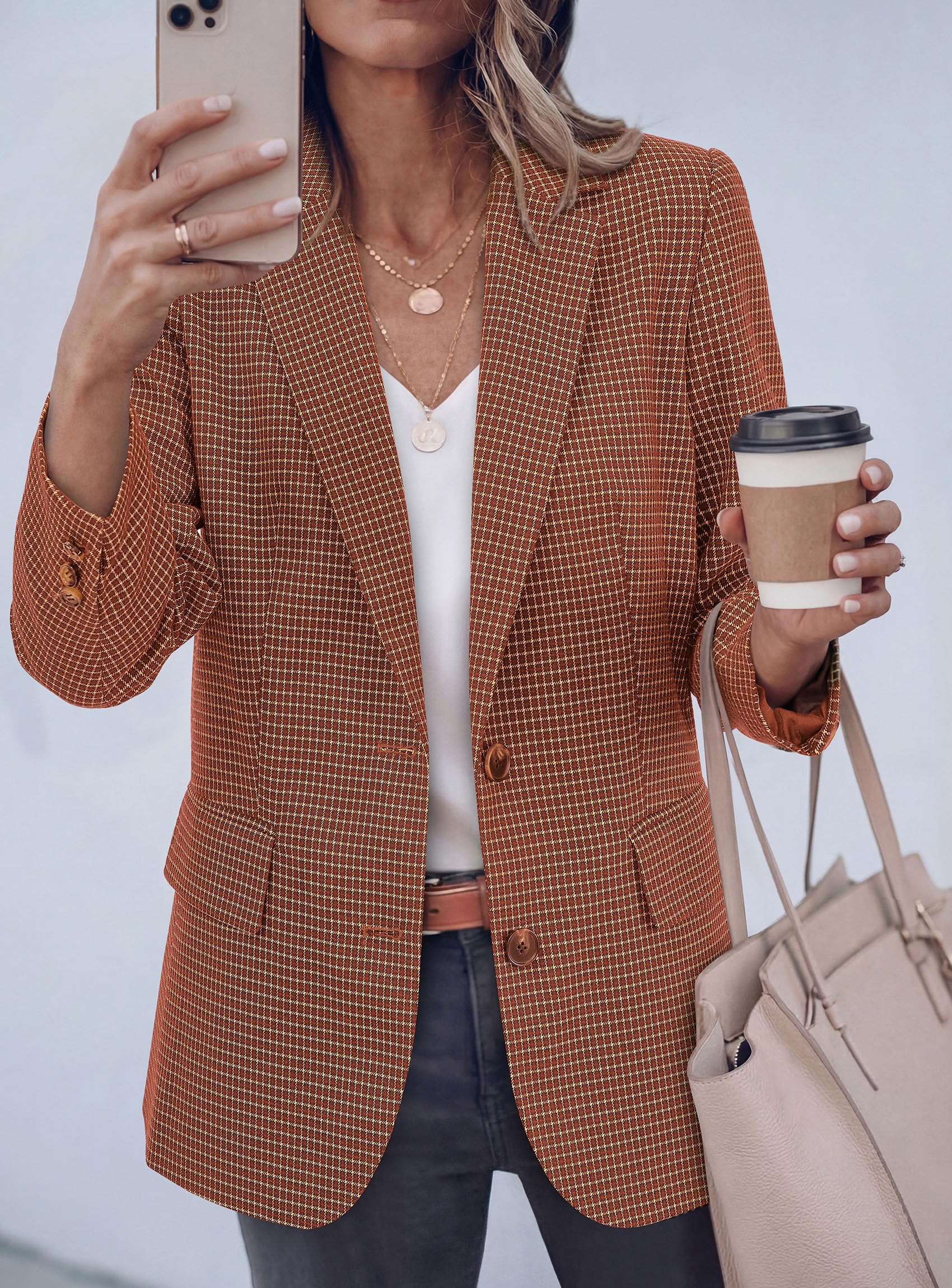 Fall Plaid Blazers for Women Business Casual Caramel S
