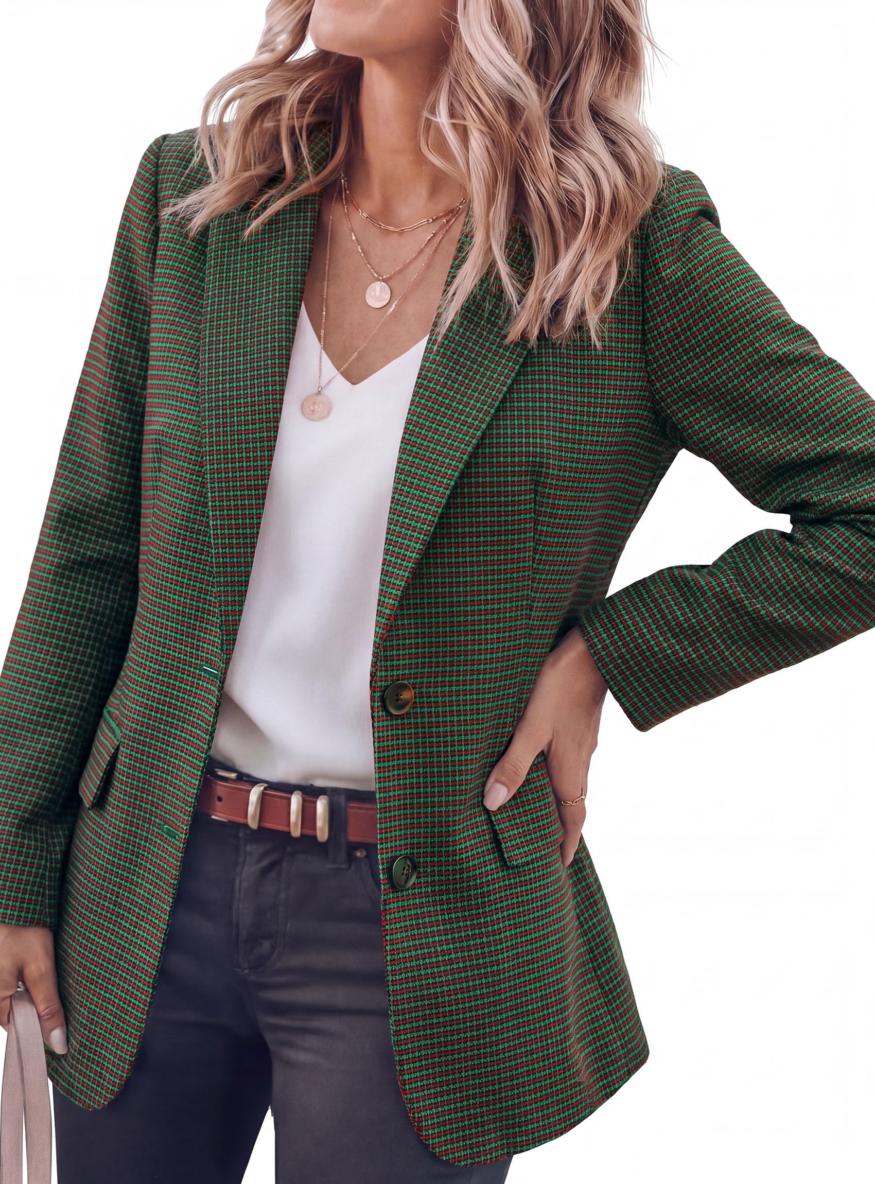 Fall Plaid Blazers for Women Business Casual Green S