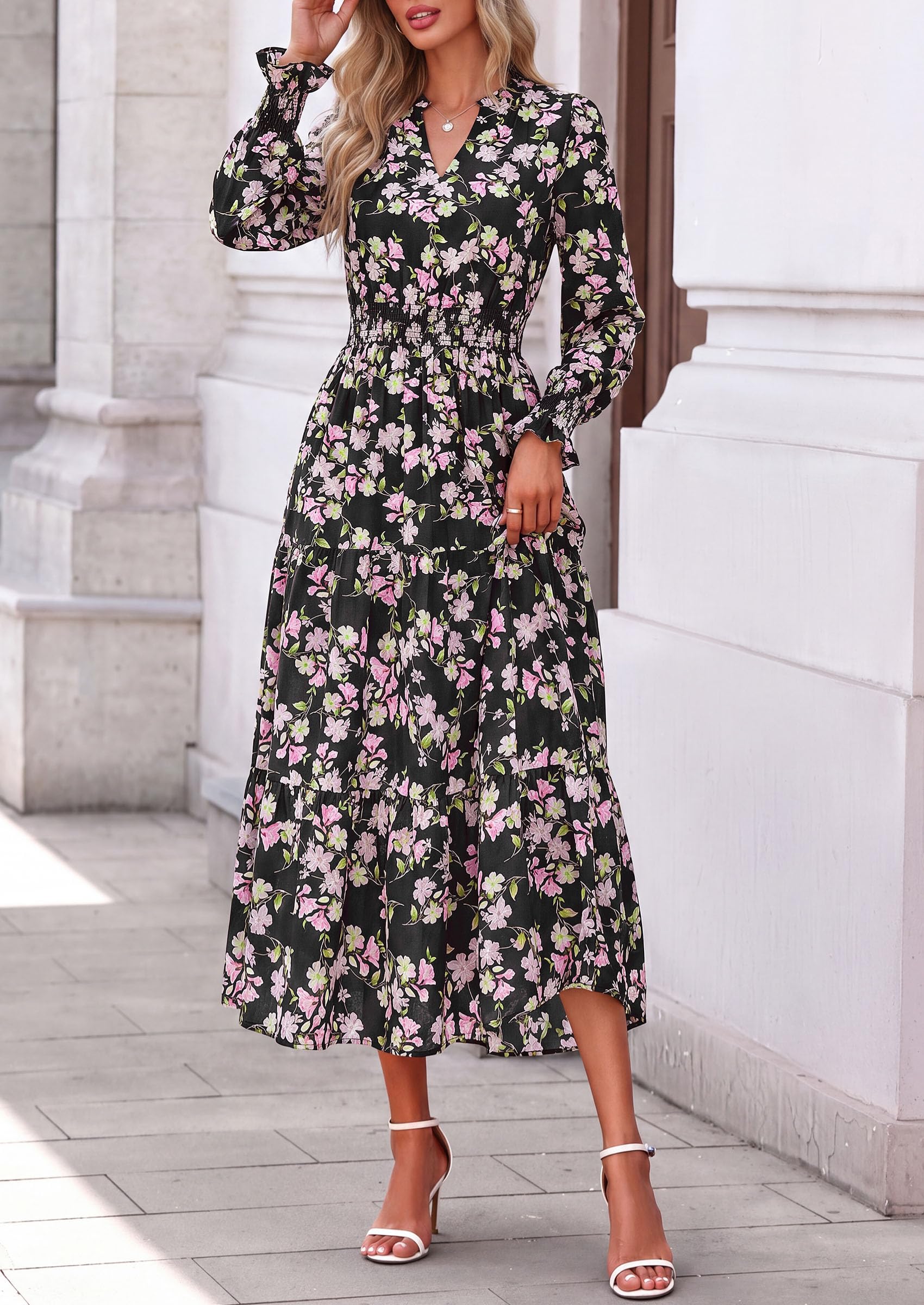 Women's Floral Maxi Dress Fall A Line Wedding Guest Dresses