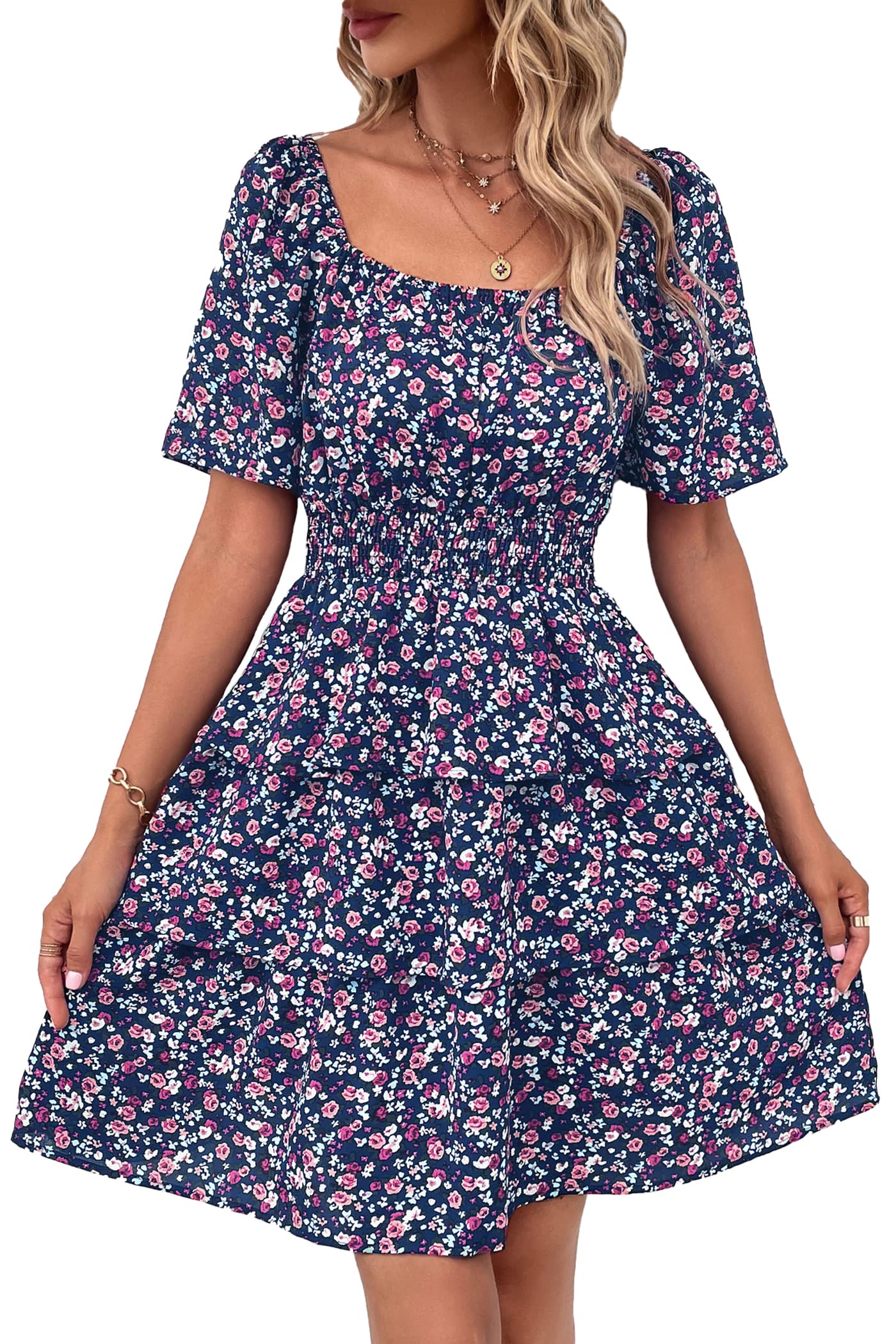 Women's Summer Floral Ruffle Short Dress Blue Purple Floral,S