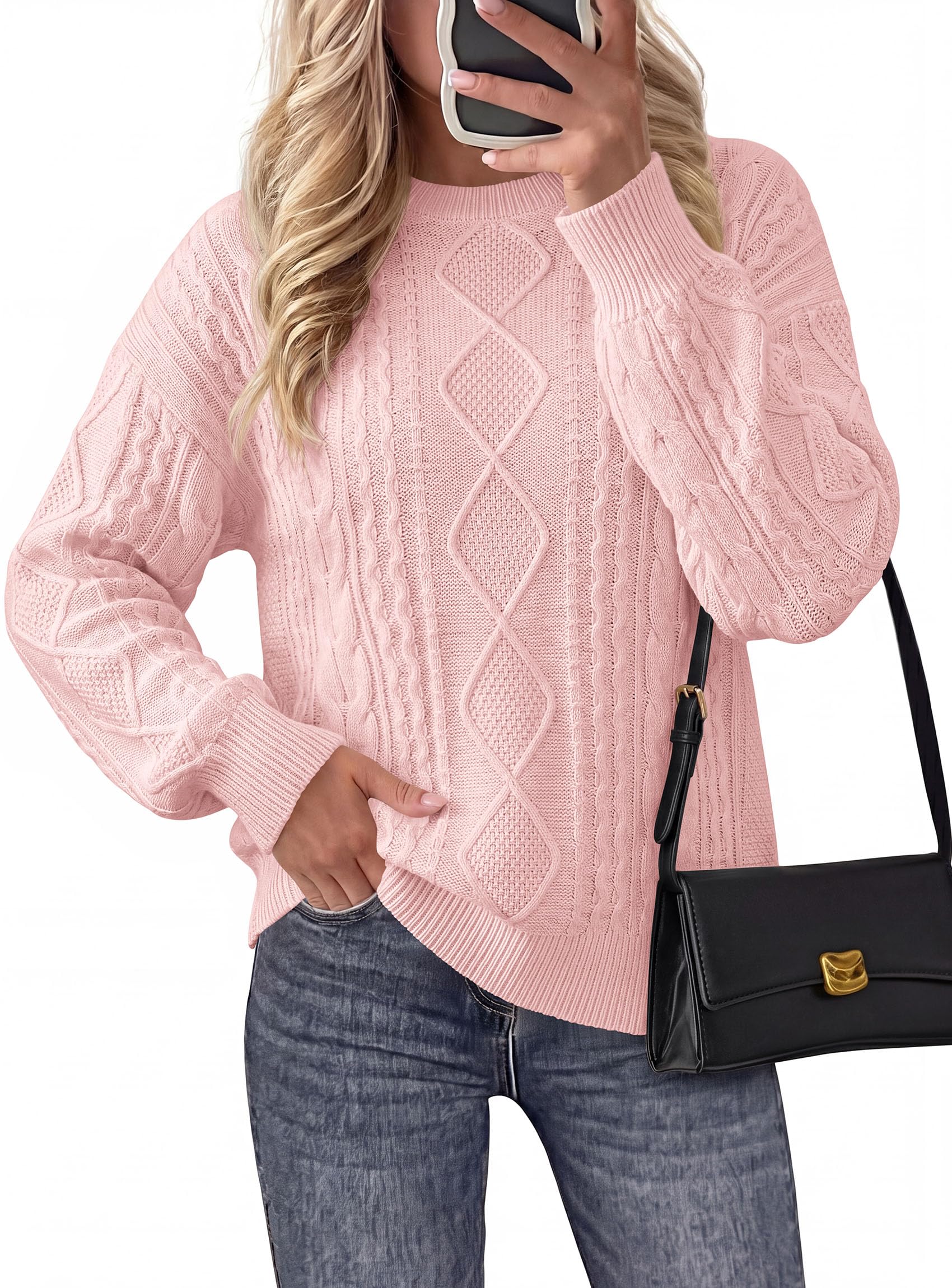 Women's Crewneck Cable Knit Sweater Pullover Tops Pink