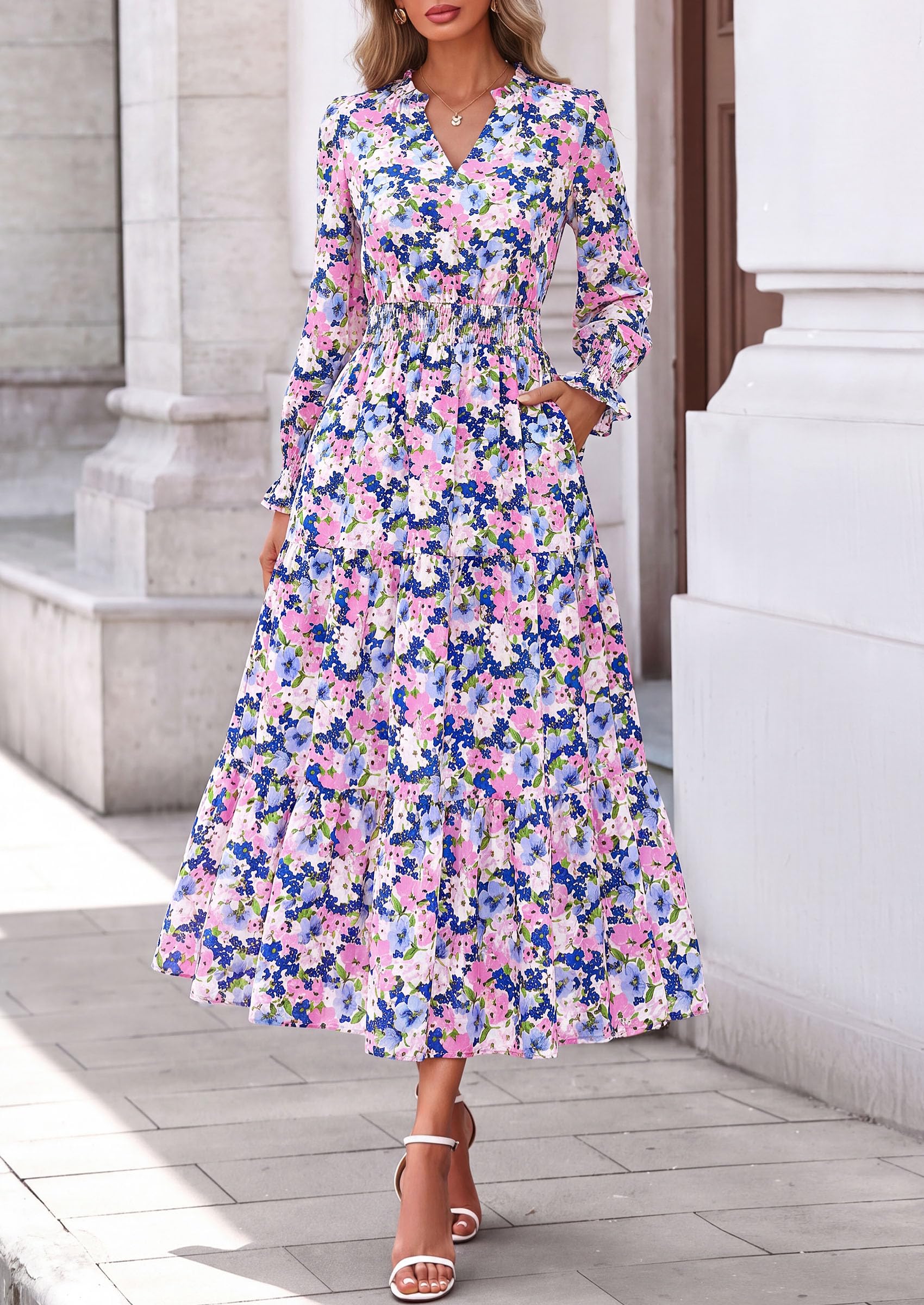 Women's Floral Maxi Dress Fall A Line Wedding Guest Dresses
