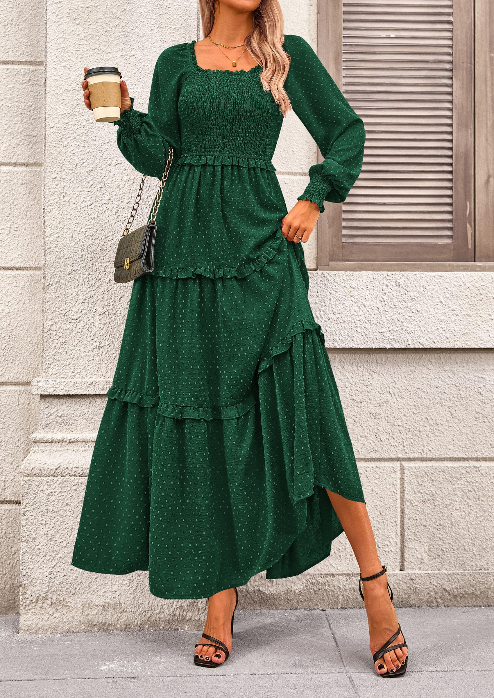 Women's Smocked Long Sleeve Maxi Dress Wedding Guest Dresses