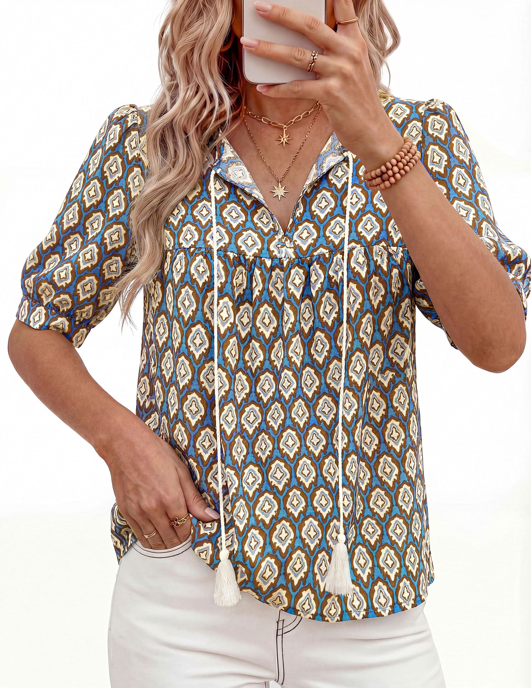 Womens Summer Boho Blouses Dressy Casual Blue,M