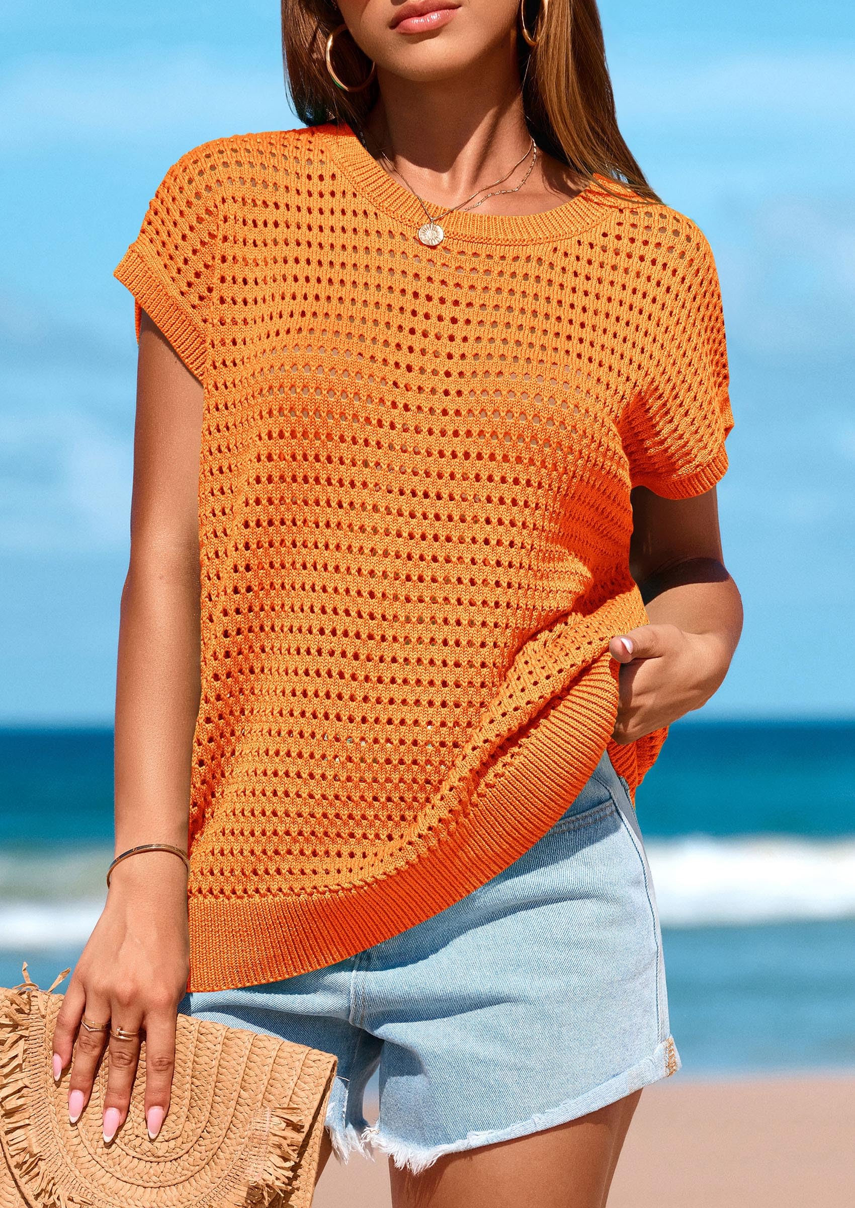 Women's Summer Crochet Cap Sleeve Sweater Tops,Orange,S