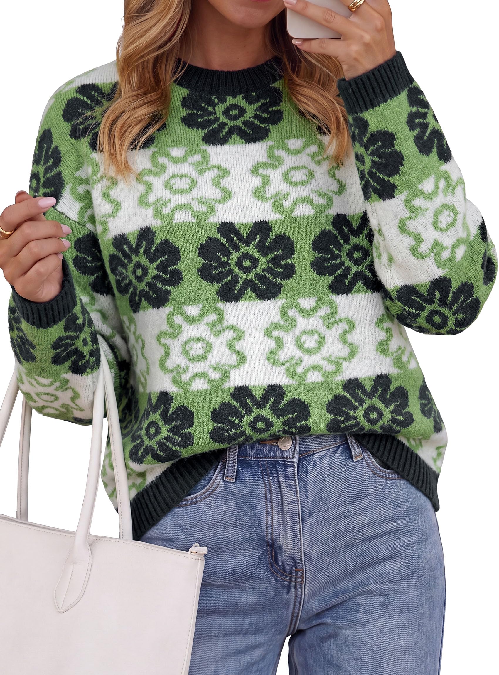 Women's Floral Crewneck Sweater Knit Pullover,Green,S