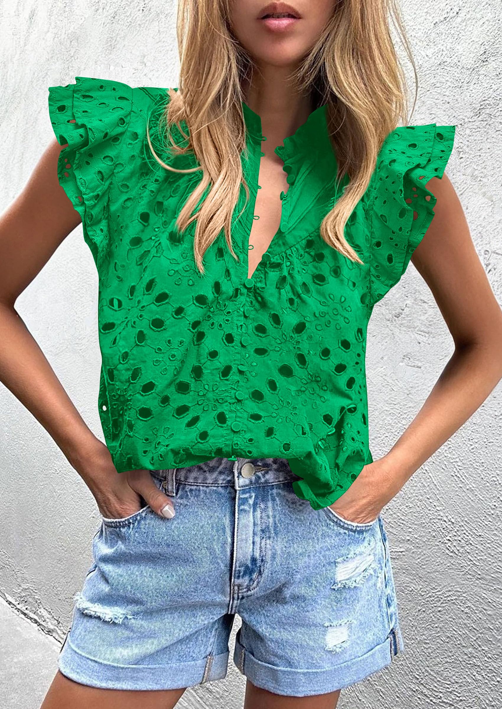 Women's Eyelet V Neck Summer Tops Dressy Casual Green,S