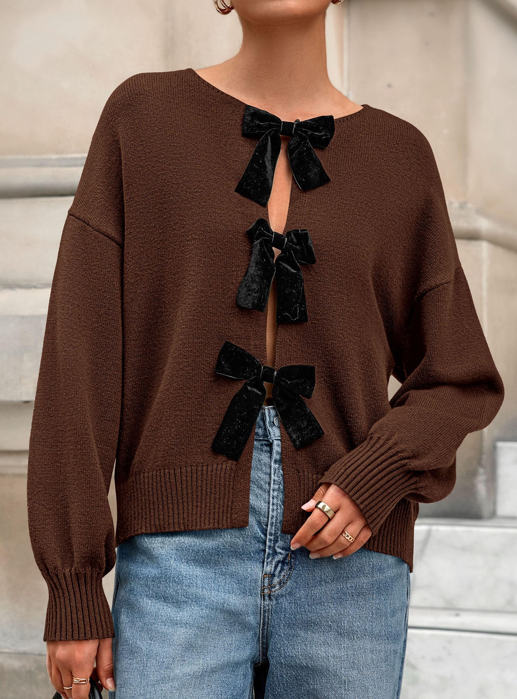 Women's Fall Bow Tie Front Cardigan Sweaters,Brown,S