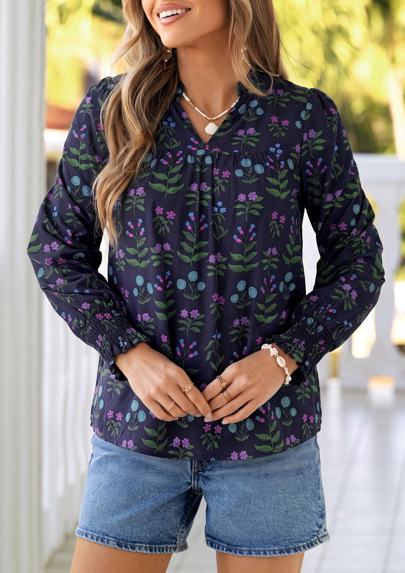 Women's Boho Floral Blouses Dressy Casual Navy Blue,XL