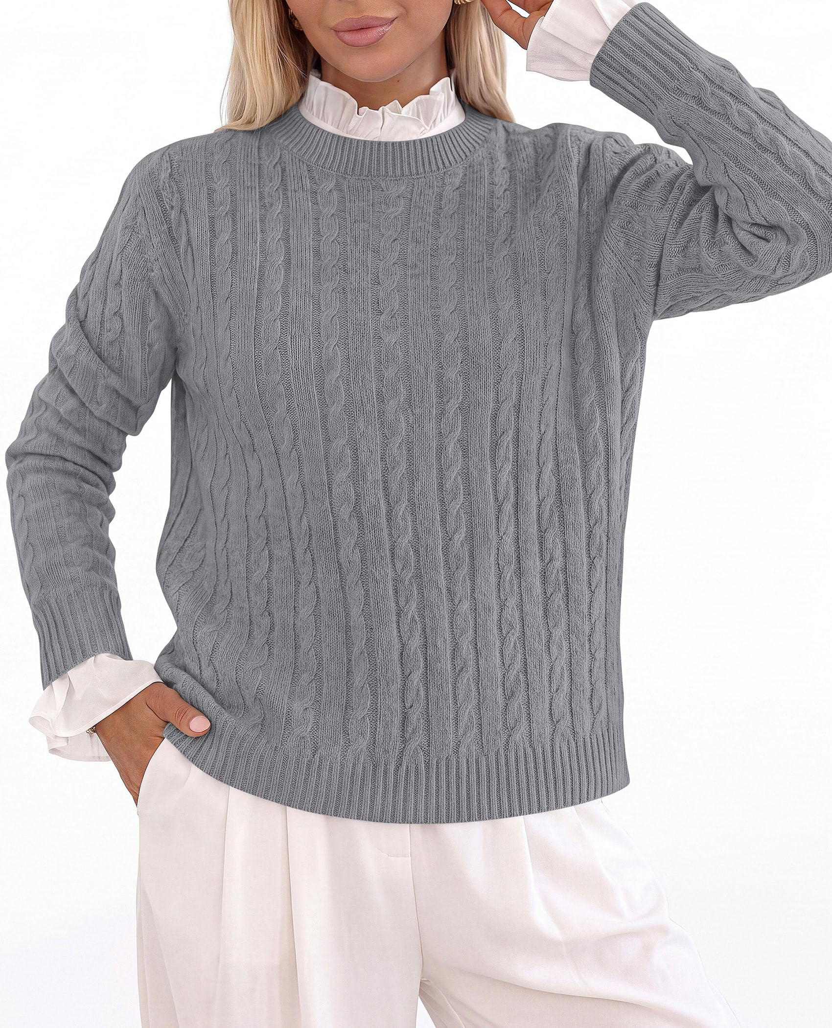 Womens Cable Knit Crewneck Fall Sweater Long Sleeve Tops 2026