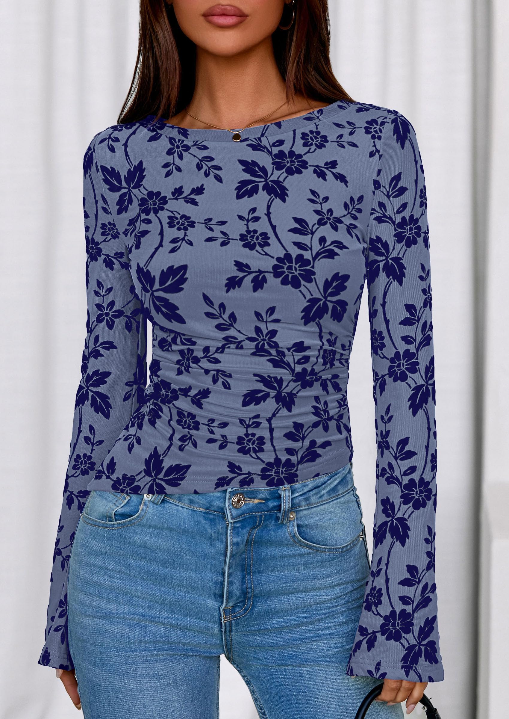 Women's Long Bell Sleeve Y2K Tops Boho Floral Mesh Blouses