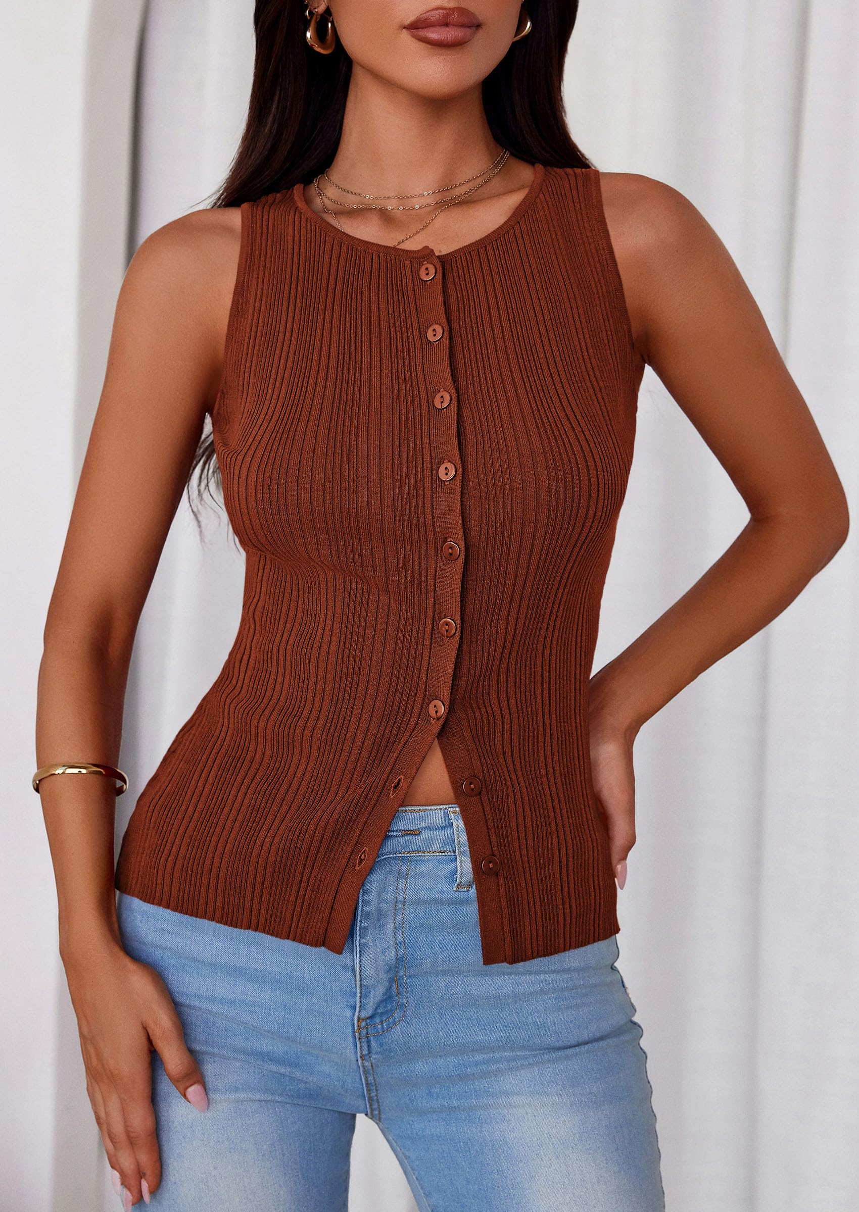 Sleeveless Button Down Shirts for Women Summer 2026 Going Out Ribbed Knit Tank Tops Y2K Clothes Trendy Vest Tops Caramel