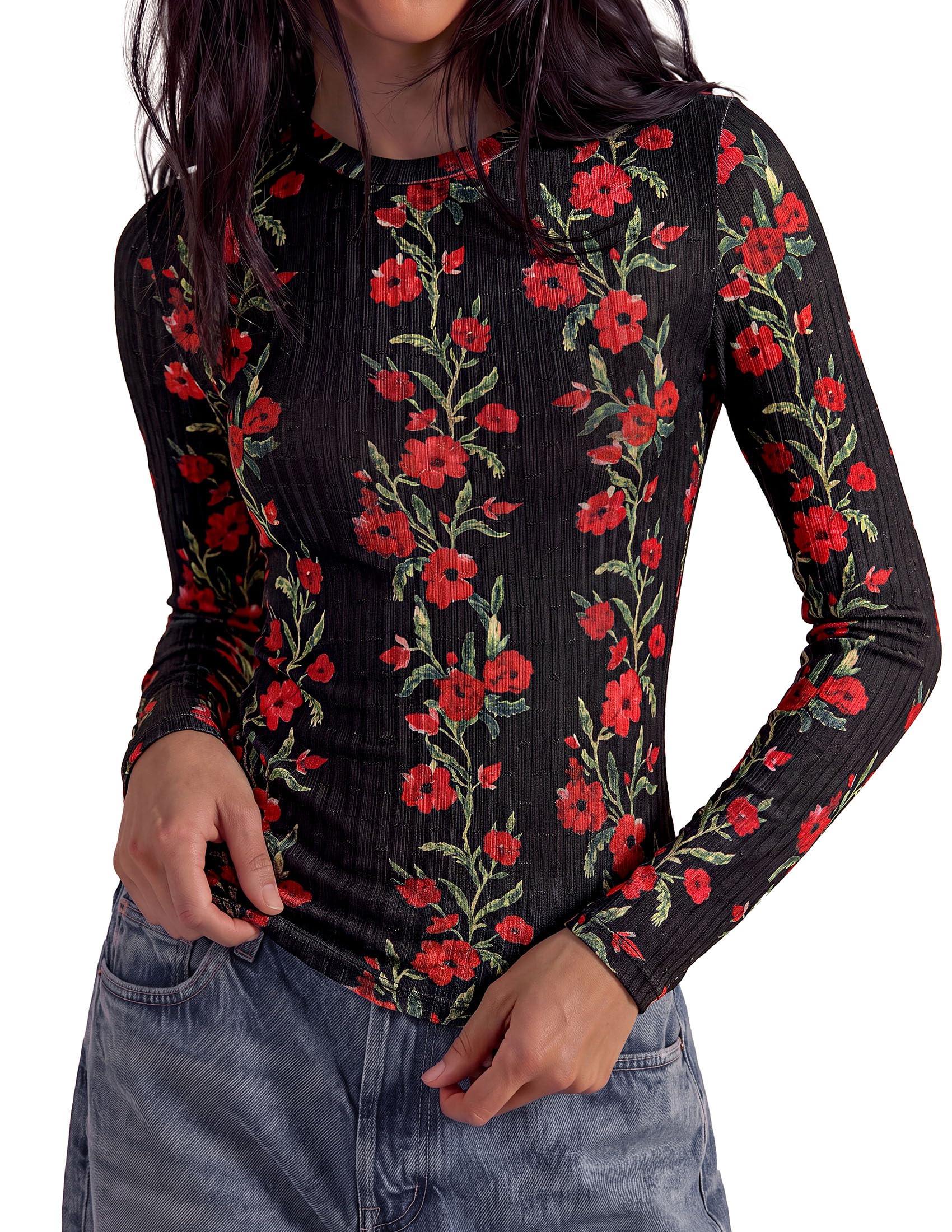 Womens Long Sleeve Shirts Floral Y2K Tops,Black,XS