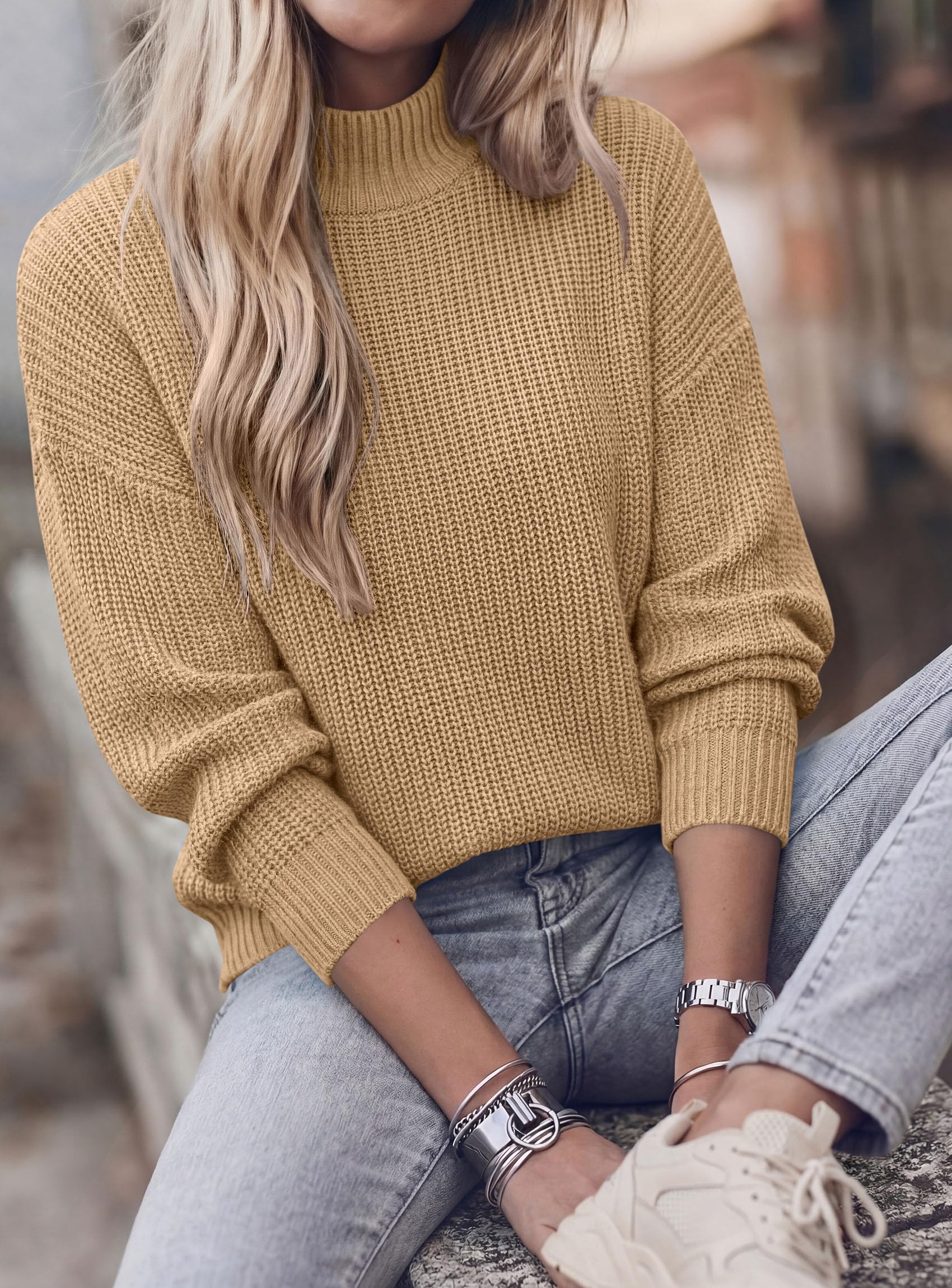 Women's Chunky Knit Fall Mock Turtleneck Pullover Sweaters