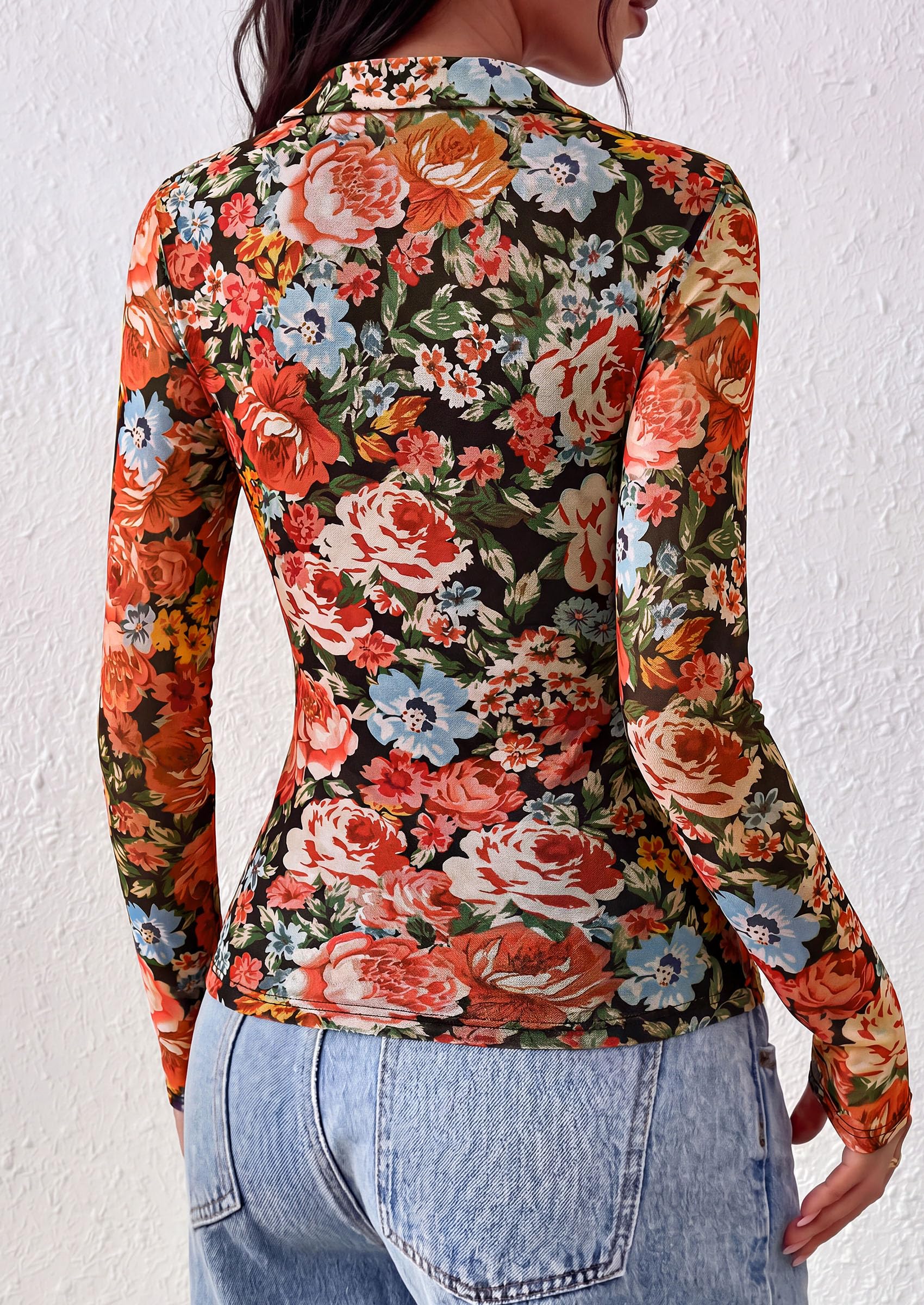 Women's Long Sleeve Boho Floral Mesh Tops Fall V Neck Blouses