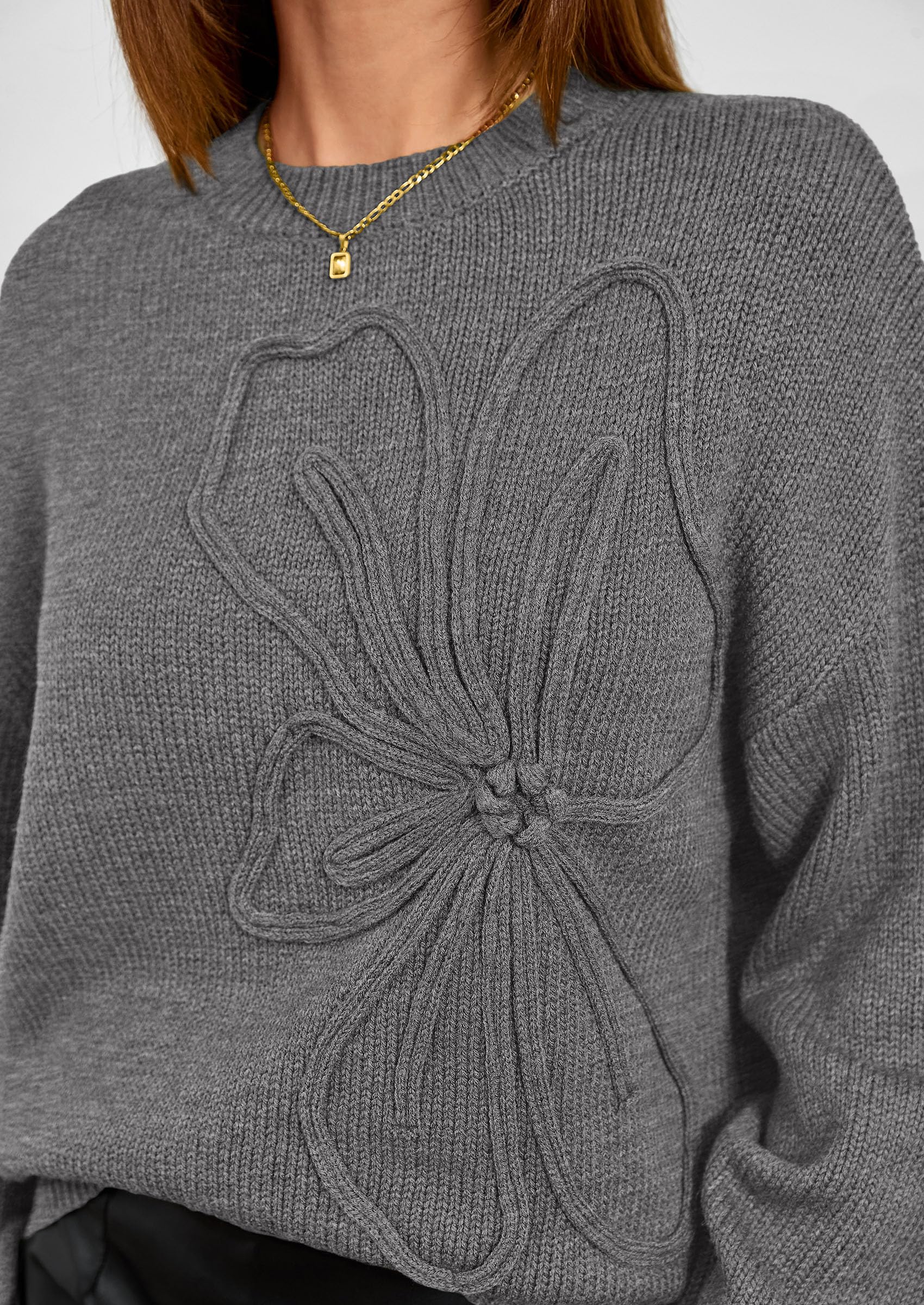 Women's Oversized 3D Floral Knit Sweater,Dark Grey,S