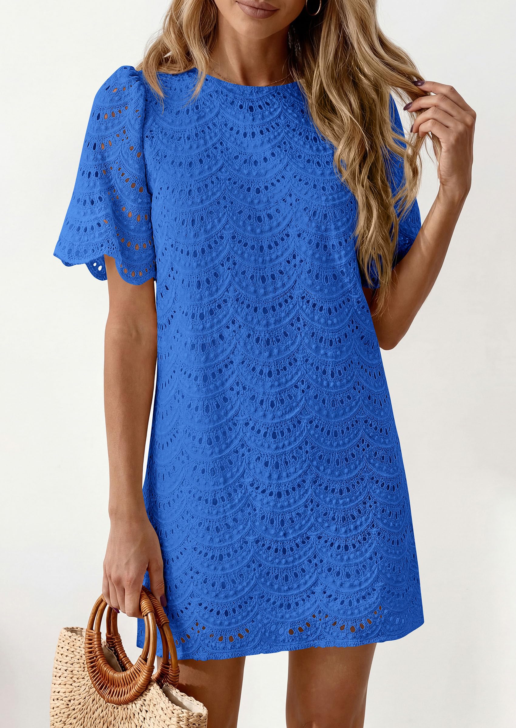 Women's Summer Eyelet Lace Short Dress (Royal Blue,S)