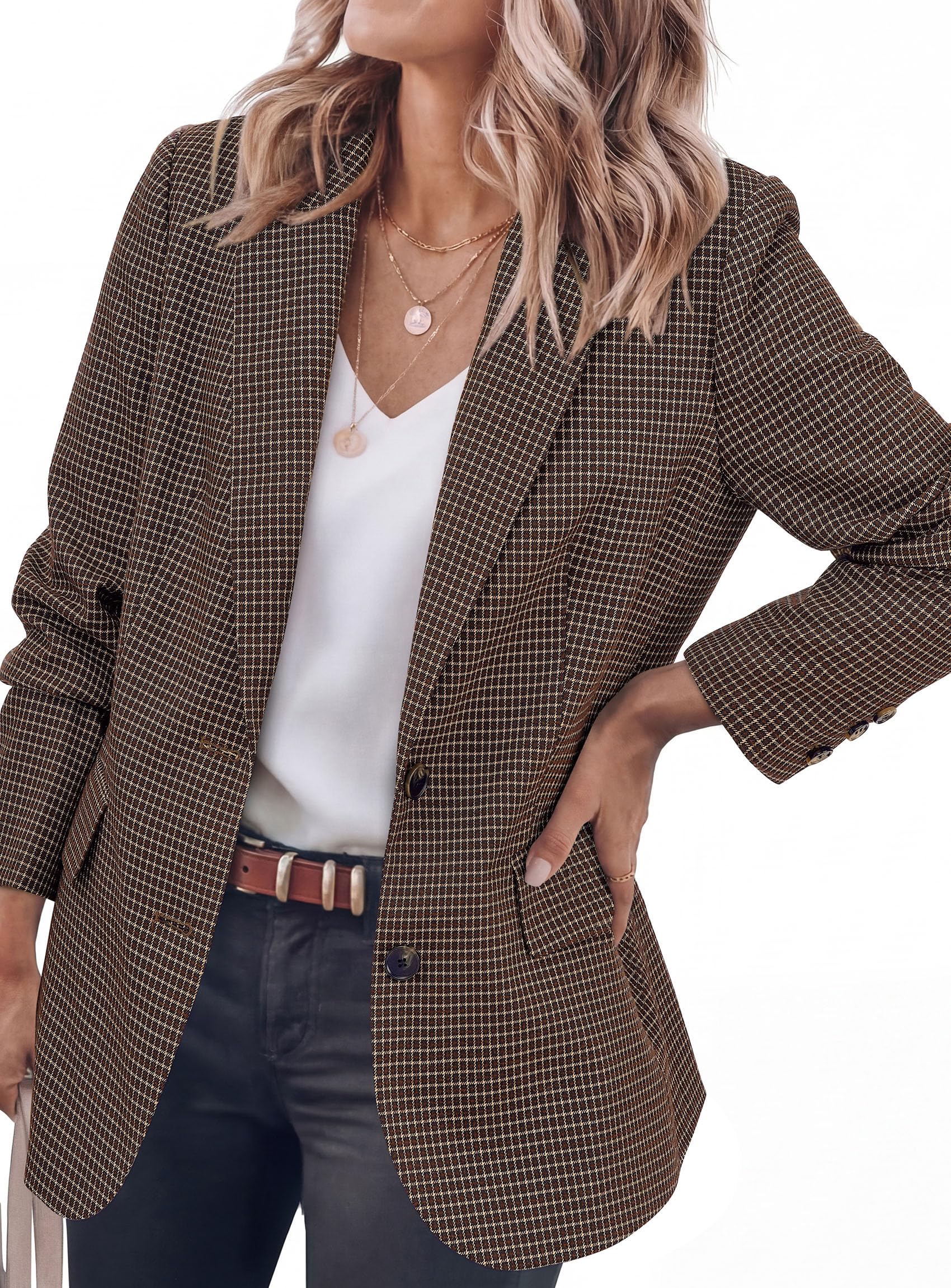 Fall Plaid Blazers for Women Business Casual Brown M