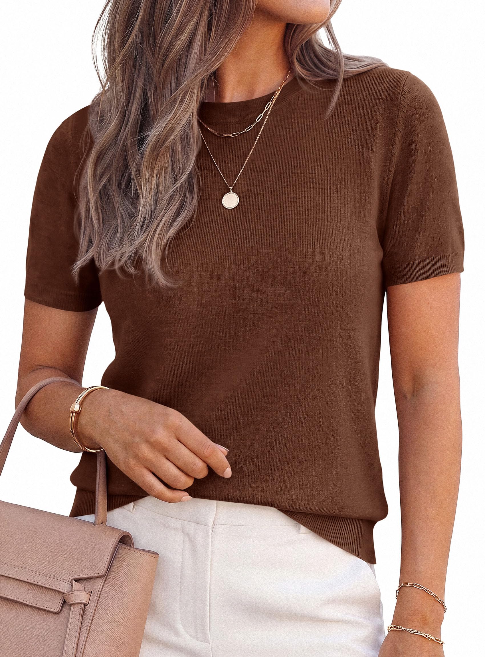 Women's Short Sleeve Sweaters Summer Tops,Light Brown,S