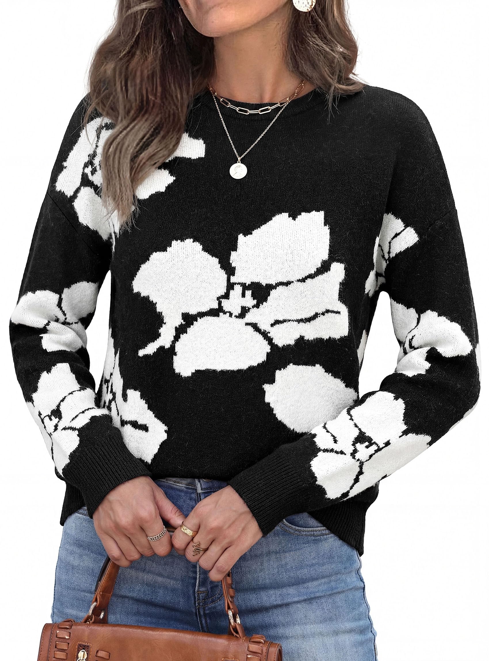 Womens Floral Sweater Crewneck Printed Pullover Tops Black