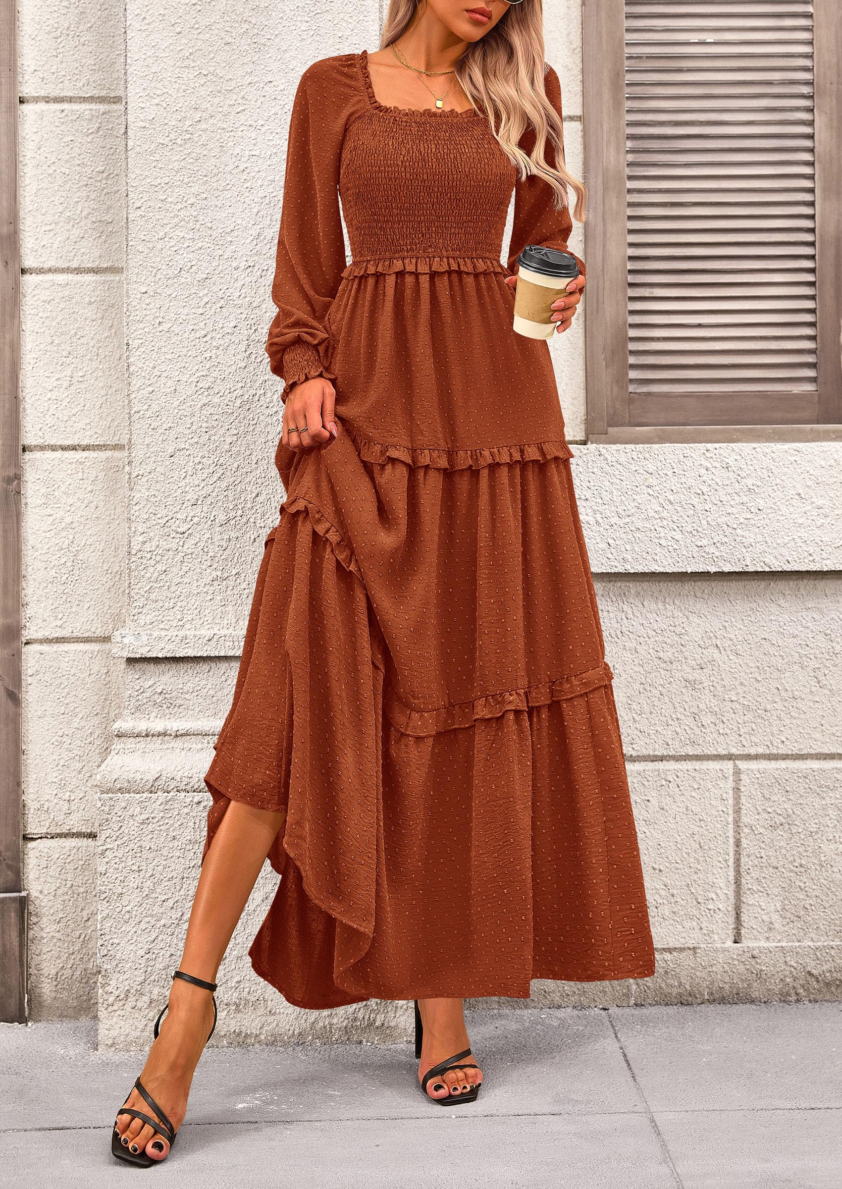 Women's Smocked Long Sleeve Maxi Dress Wedding Guest Dresses