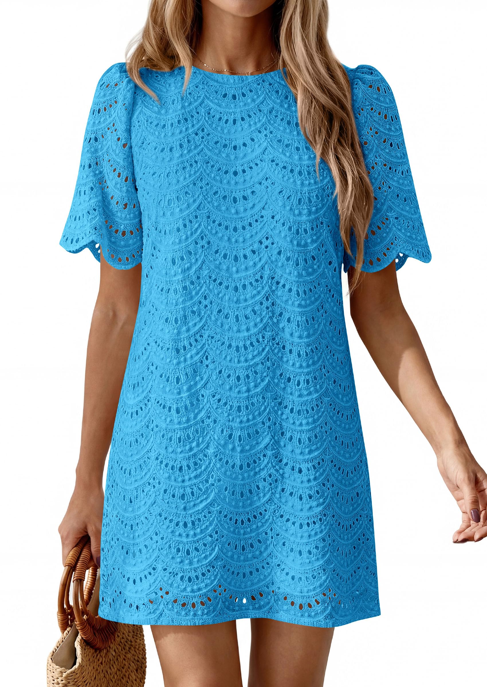Women's Summer Eyelet Lace Short Dress (Brilliant Blue,S)
