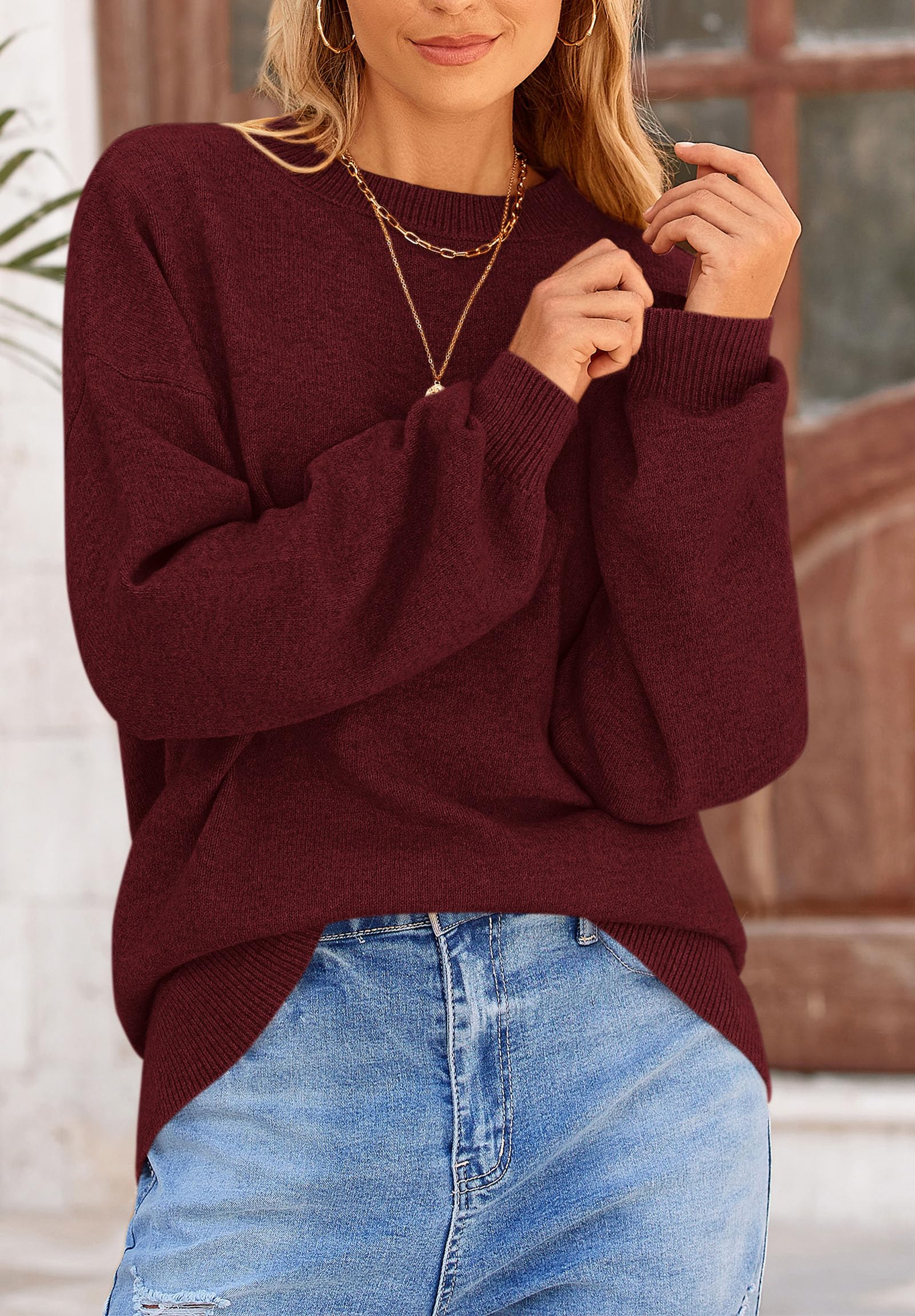 Women's Fall Sweaters Crewneck Long Sleeve Tops,Wine Red,S