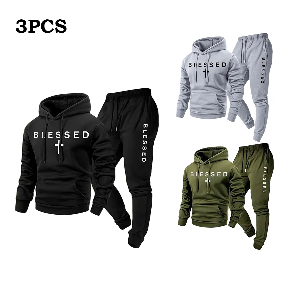 Blessed Cross Letter Print Hoodie & Drawstring Sweatpants Set
