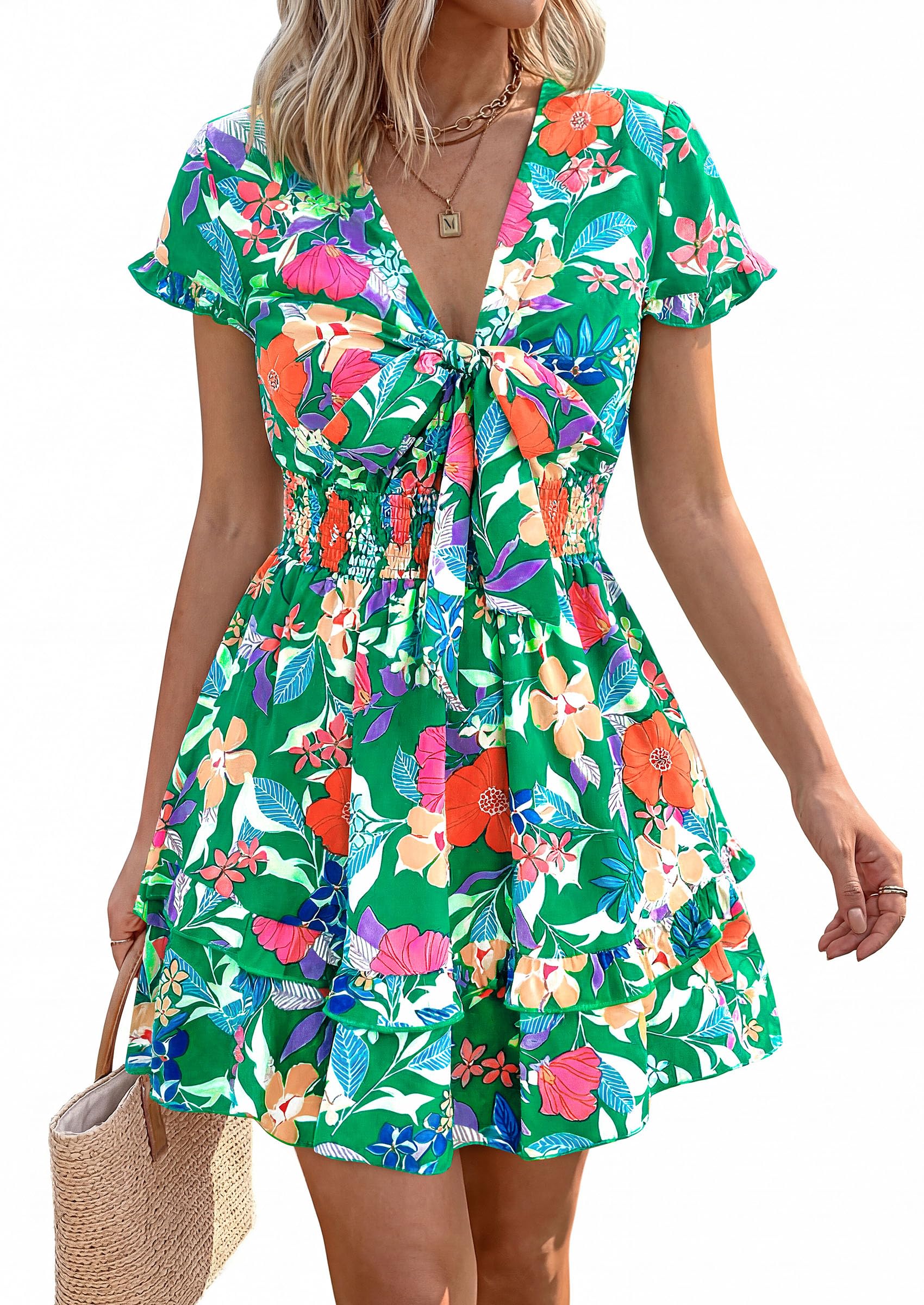 Women's Boho Floral Mini Tiered Dress, Floral Green Orange,S