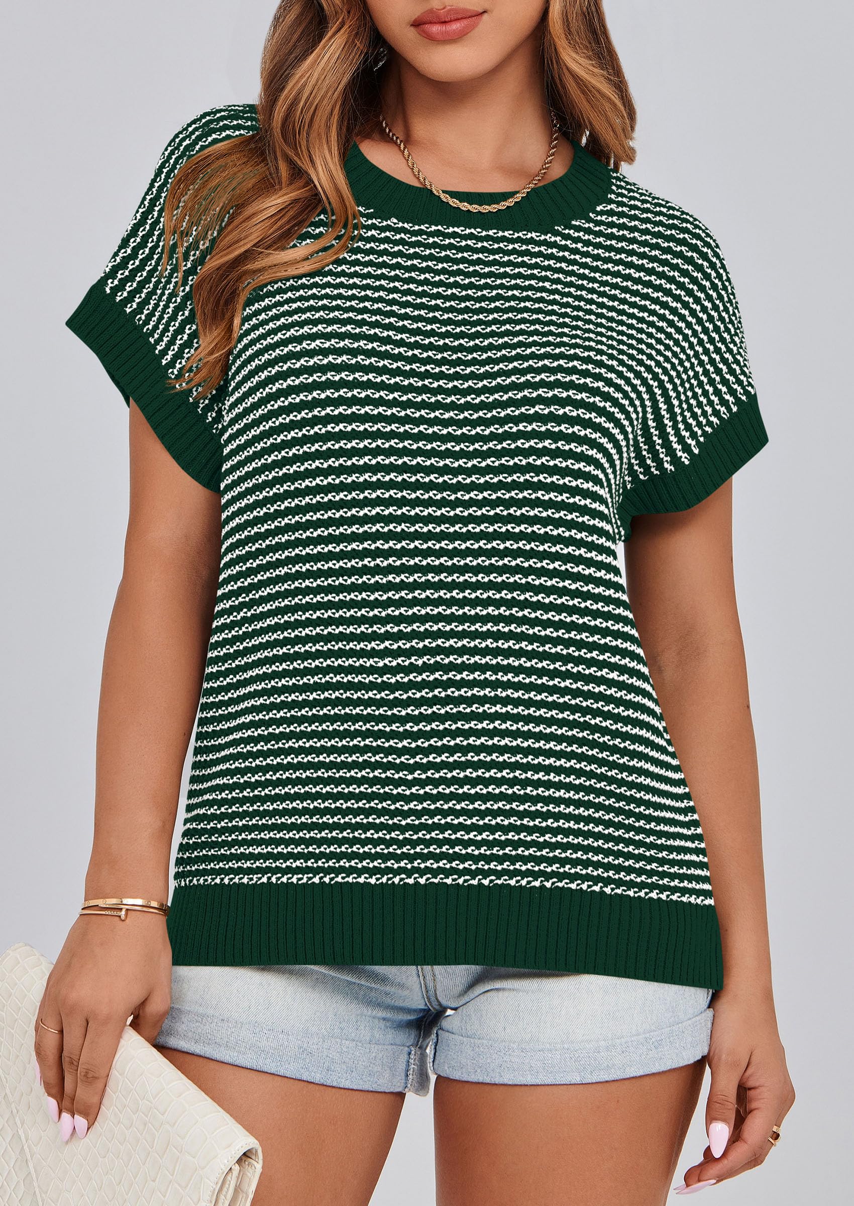 Women's Striped Short Sleeve Sweater Vest Dark Green,S